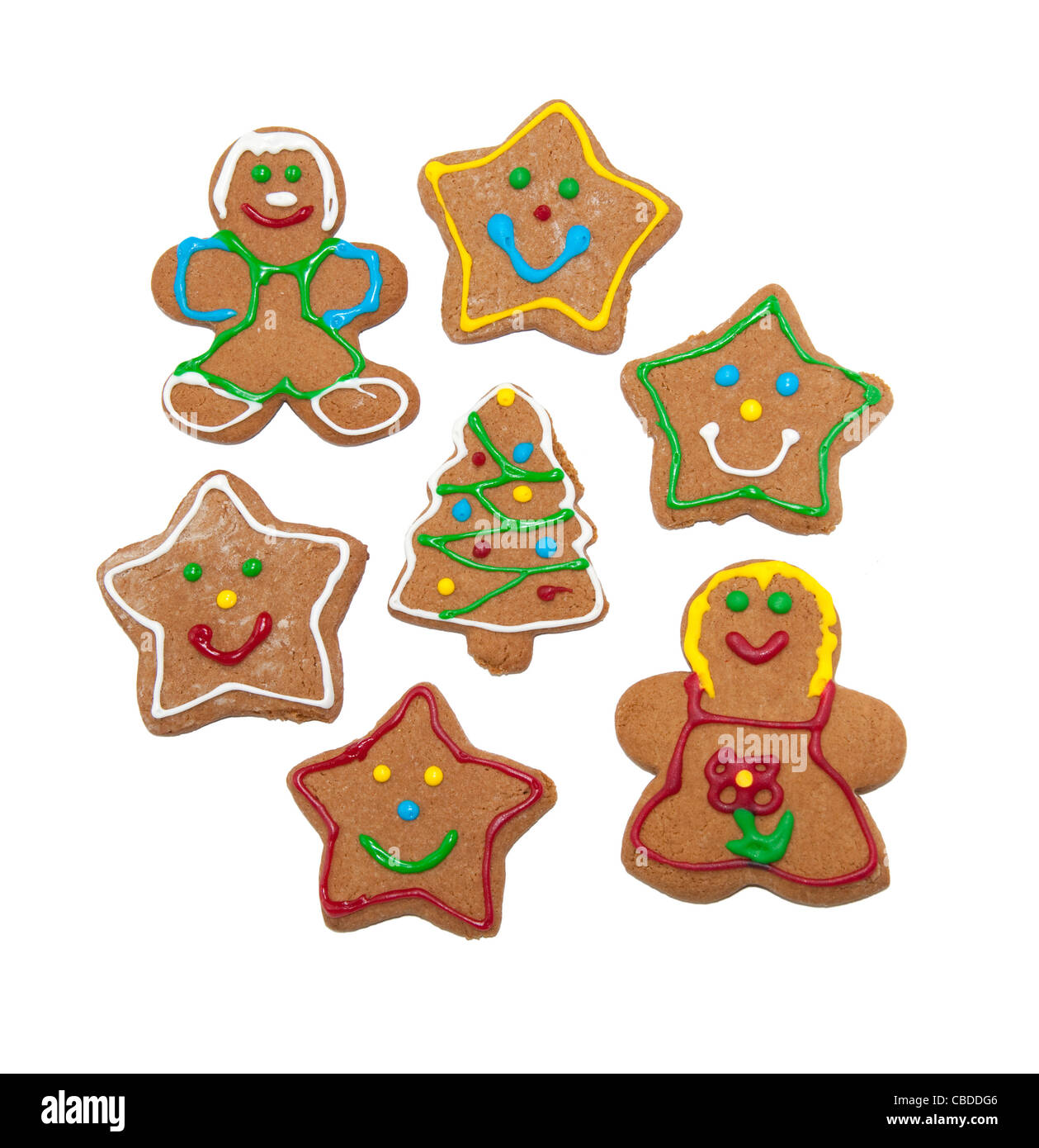 Colorful, glazed gingerbread cookies on white background Stock Photo