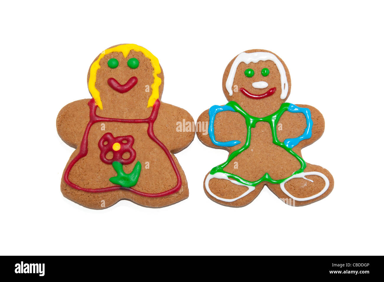 Colorful gingerbread man and woman on white background Stock Photo