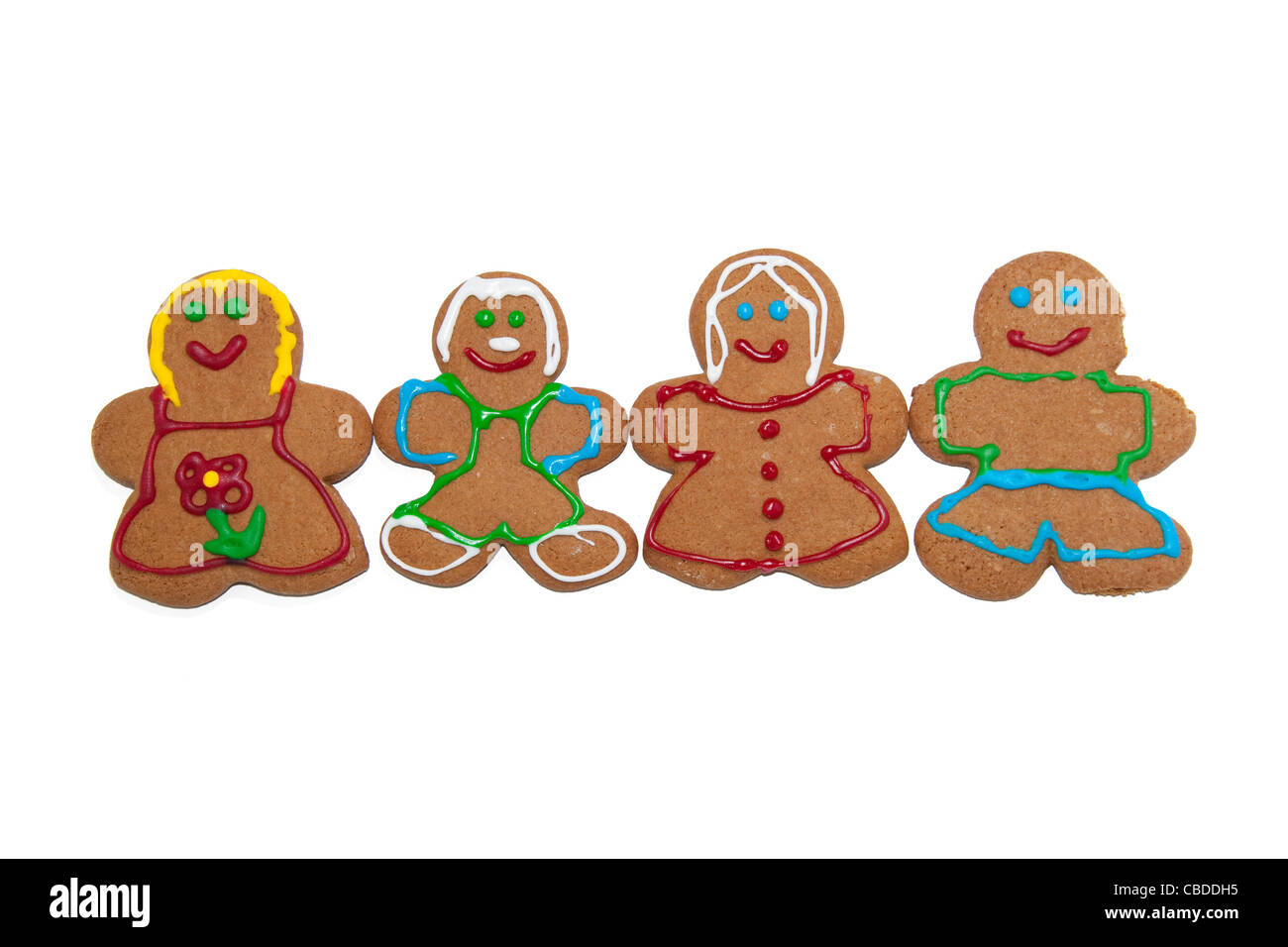Colorful, smiling gingerbread men and women on white background Stock Photo