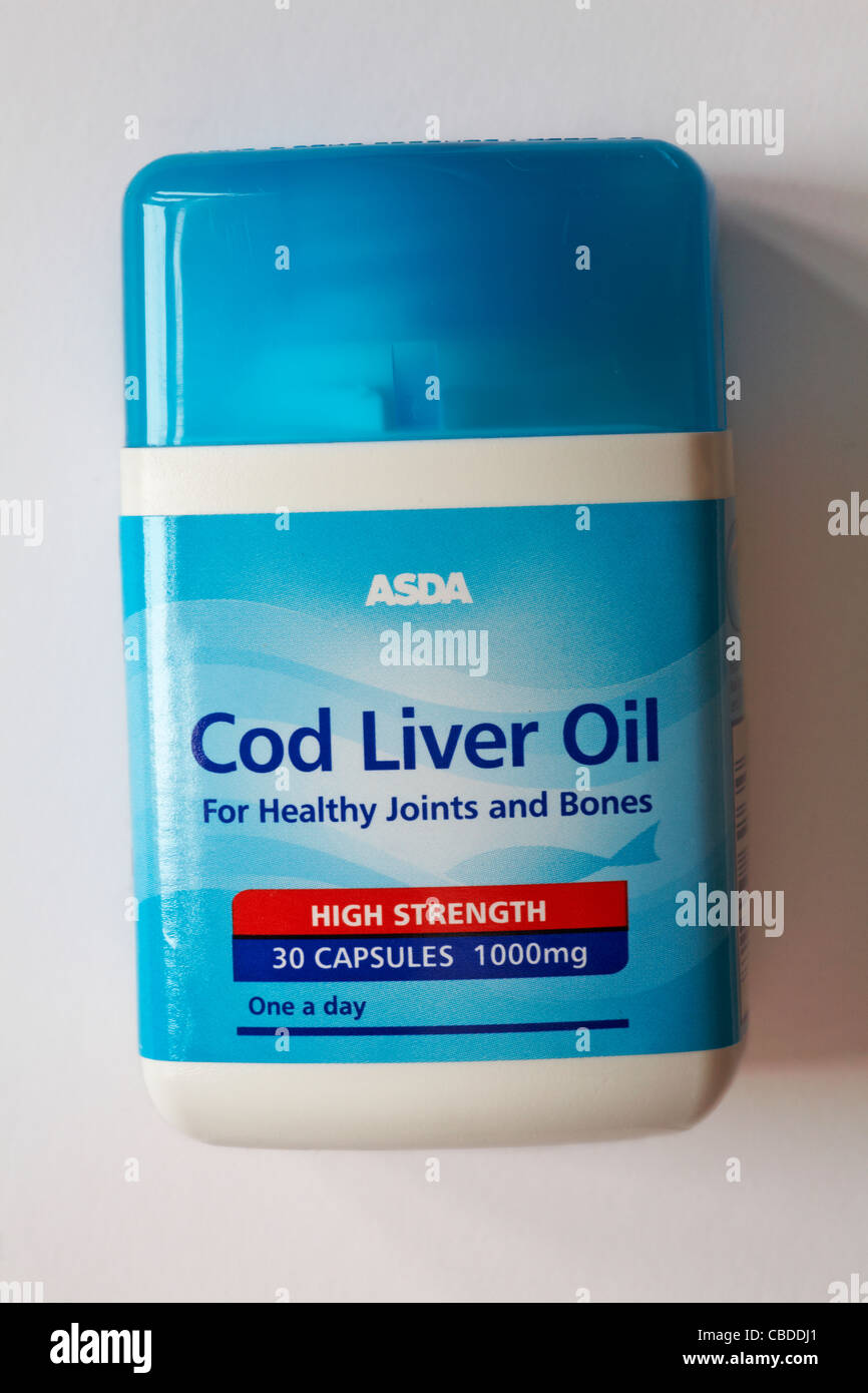 Tub of Asda Cod Liver Oil capsules for healthy joints and bones