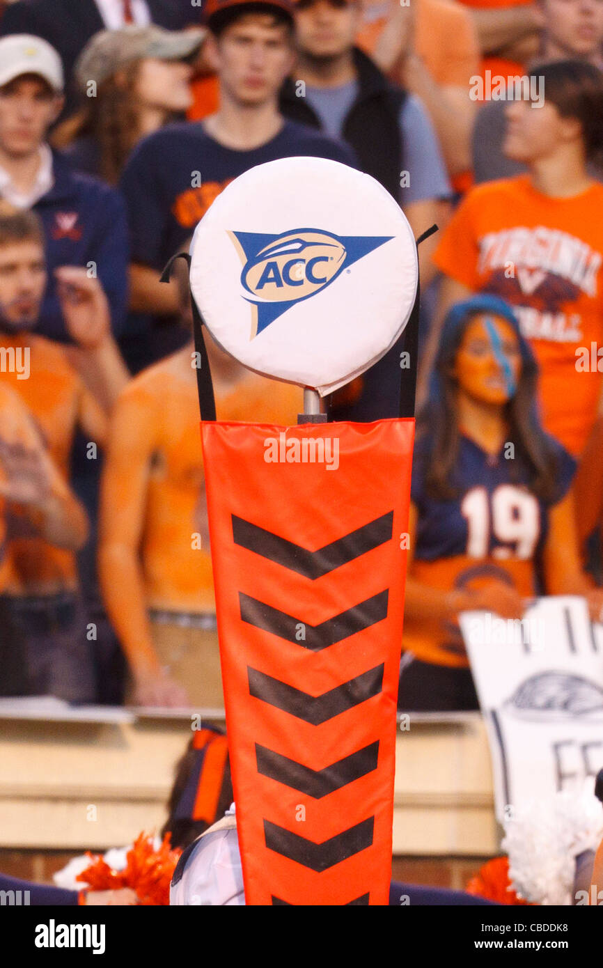 Detailed view of an Atlantic Coast Conference (ACC) distance marker on the sidelines during the second quarter between the Virginia Cavaliers and the Virginia Tech Hokies at Scott Stadium, Charlottesville, Virginia, United States of America Stock Photo