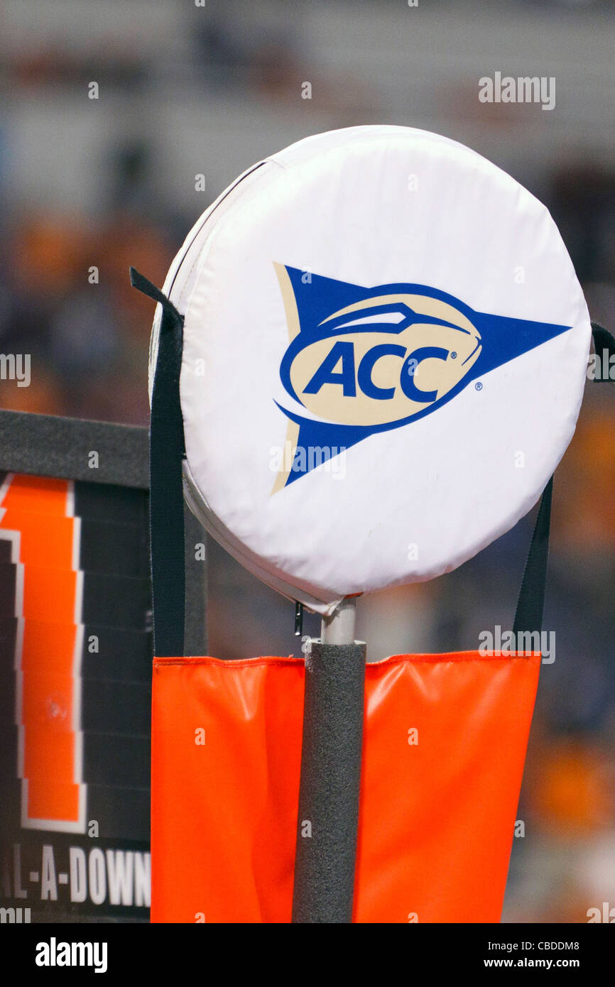 Detailed view of an Atlantic Coast Conference (ACC) distance marker on the sidelines during the fourth quarter at Scott Stadium, Charlottesville, Virginia, United States of America Stock Photo