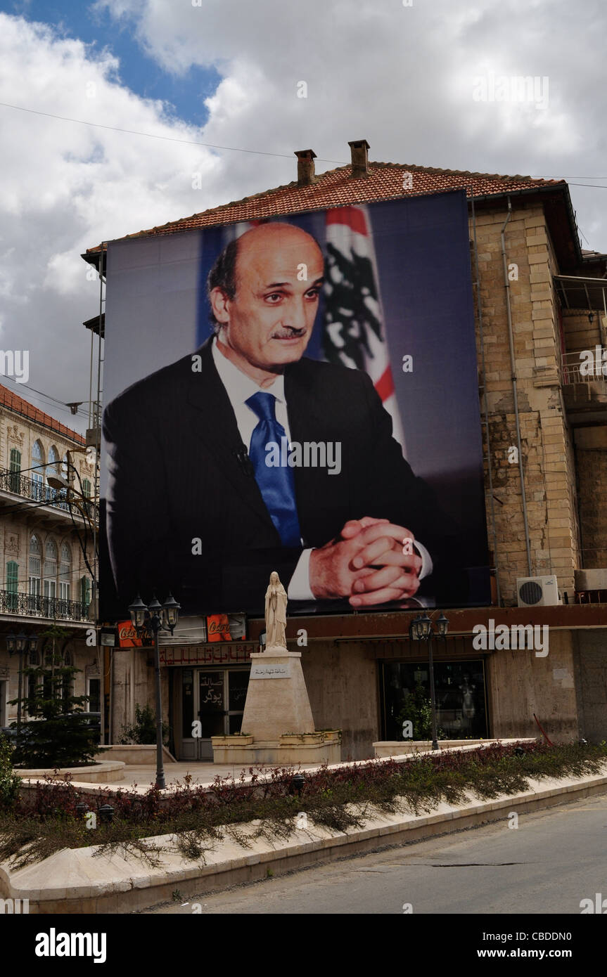 Zahle, mainly Greek Catholic, Maronite  Christian town. Portrait of Samir Geagea, Phalangist militiaman. Lebanon Stock Photo