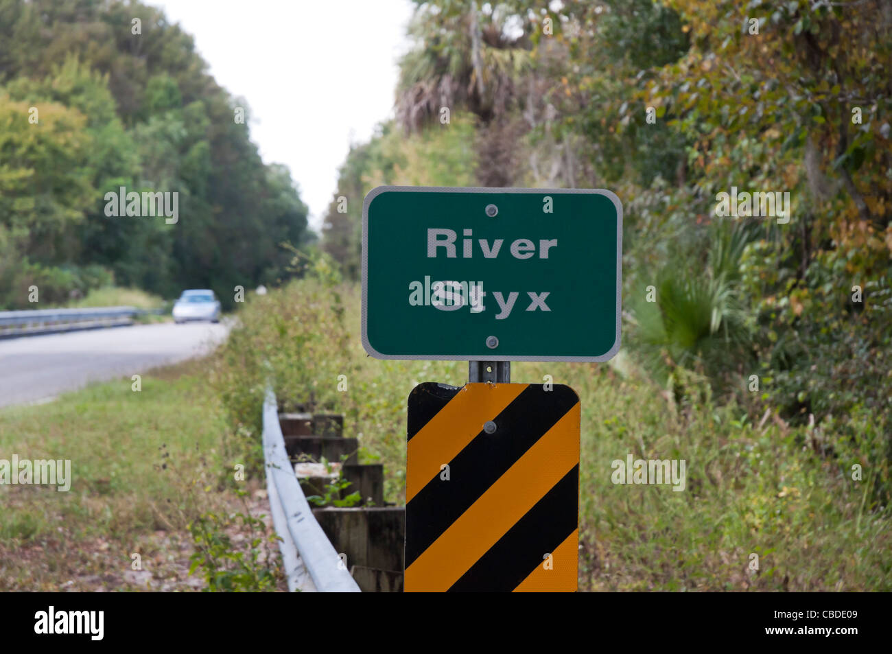 Sign for a river named Styx in rural North Central Florida. Stock Photo