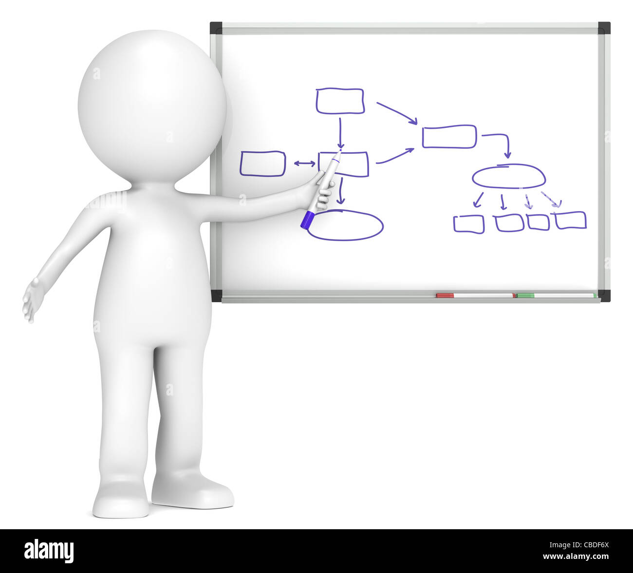 3D little human character with Whiteboard. Flow Chart. Business People series. Stock Photo