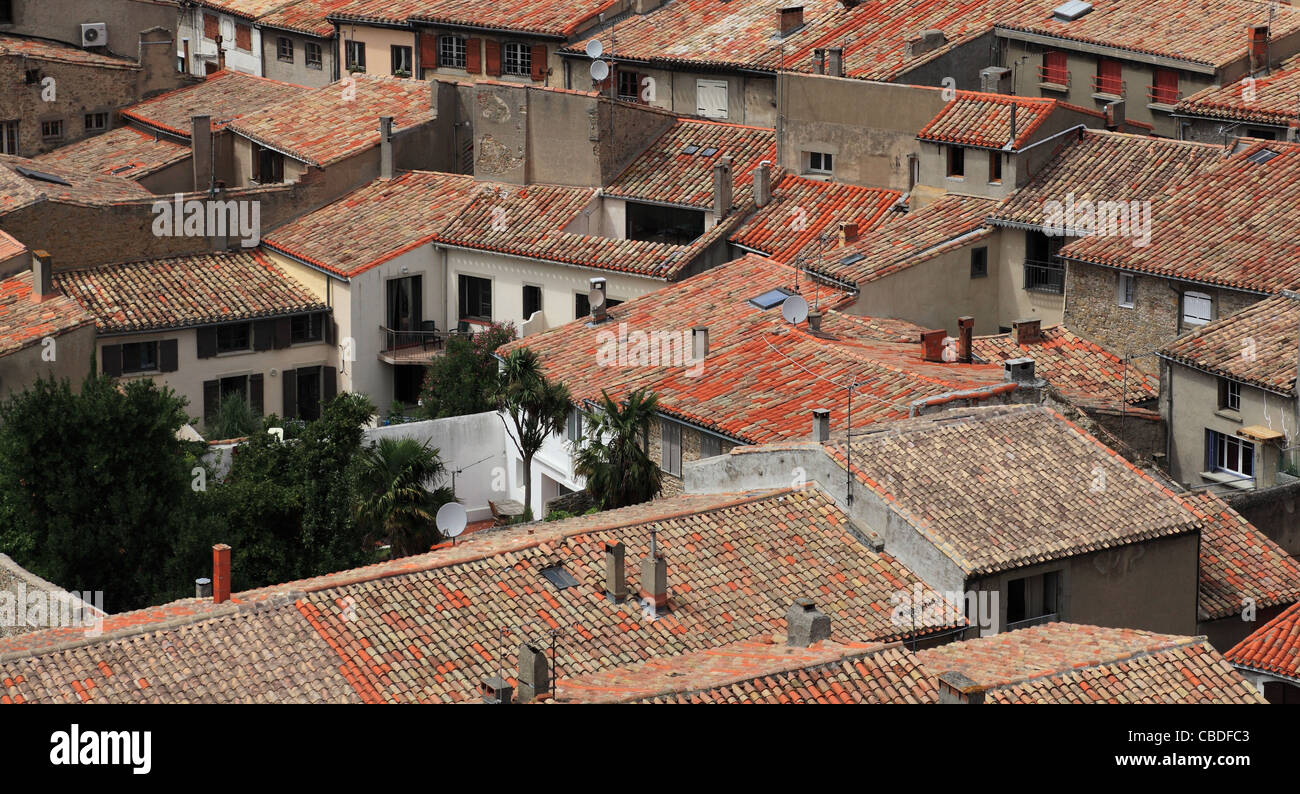 Image of the roofs of houses in the base city of Carcassonne in Aude department of France, seen form the walled city. Stock Photo