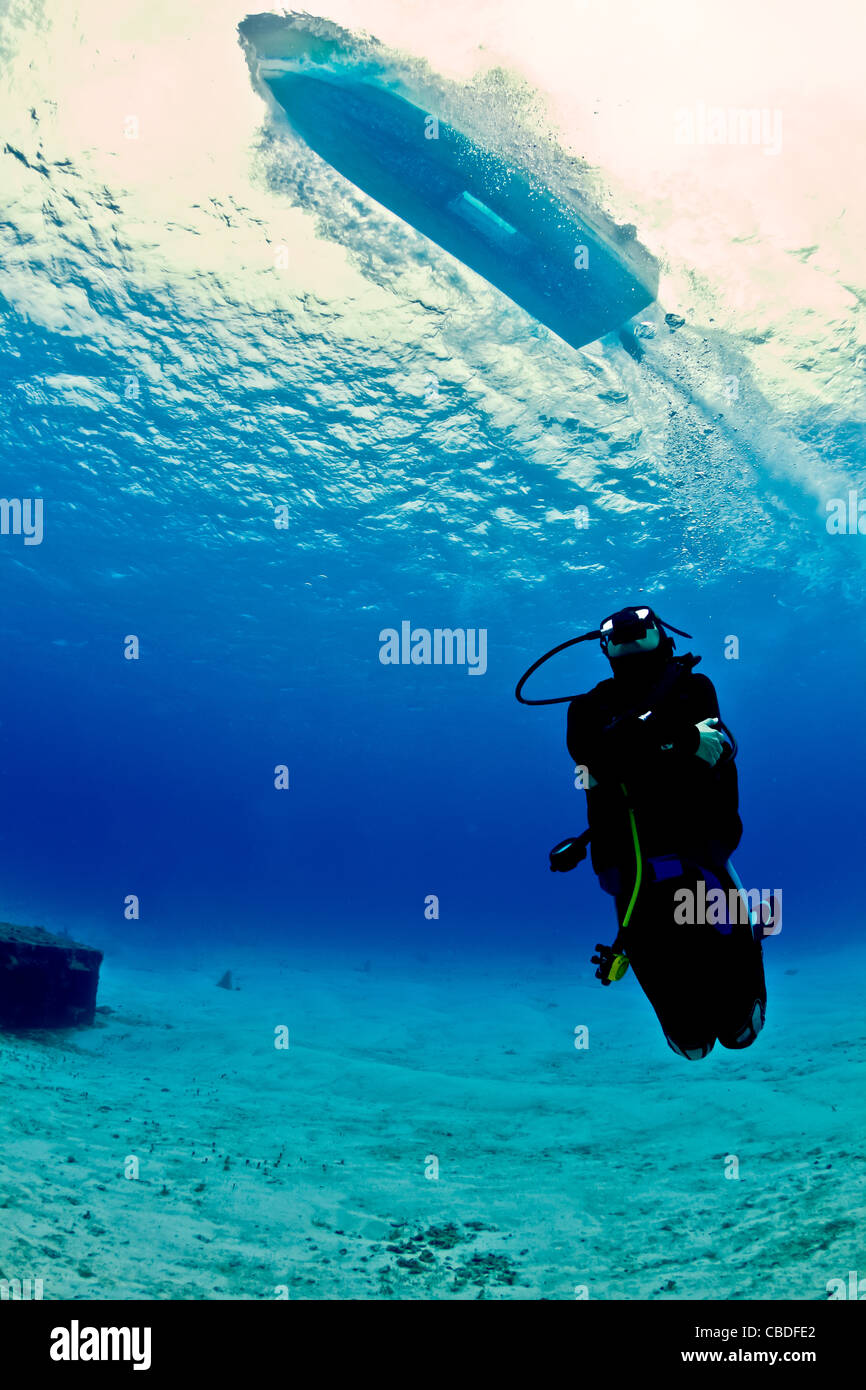 A young female scuba diver looks up as a speeding boat zooms over head on a dive in Mexico. Stock Photo