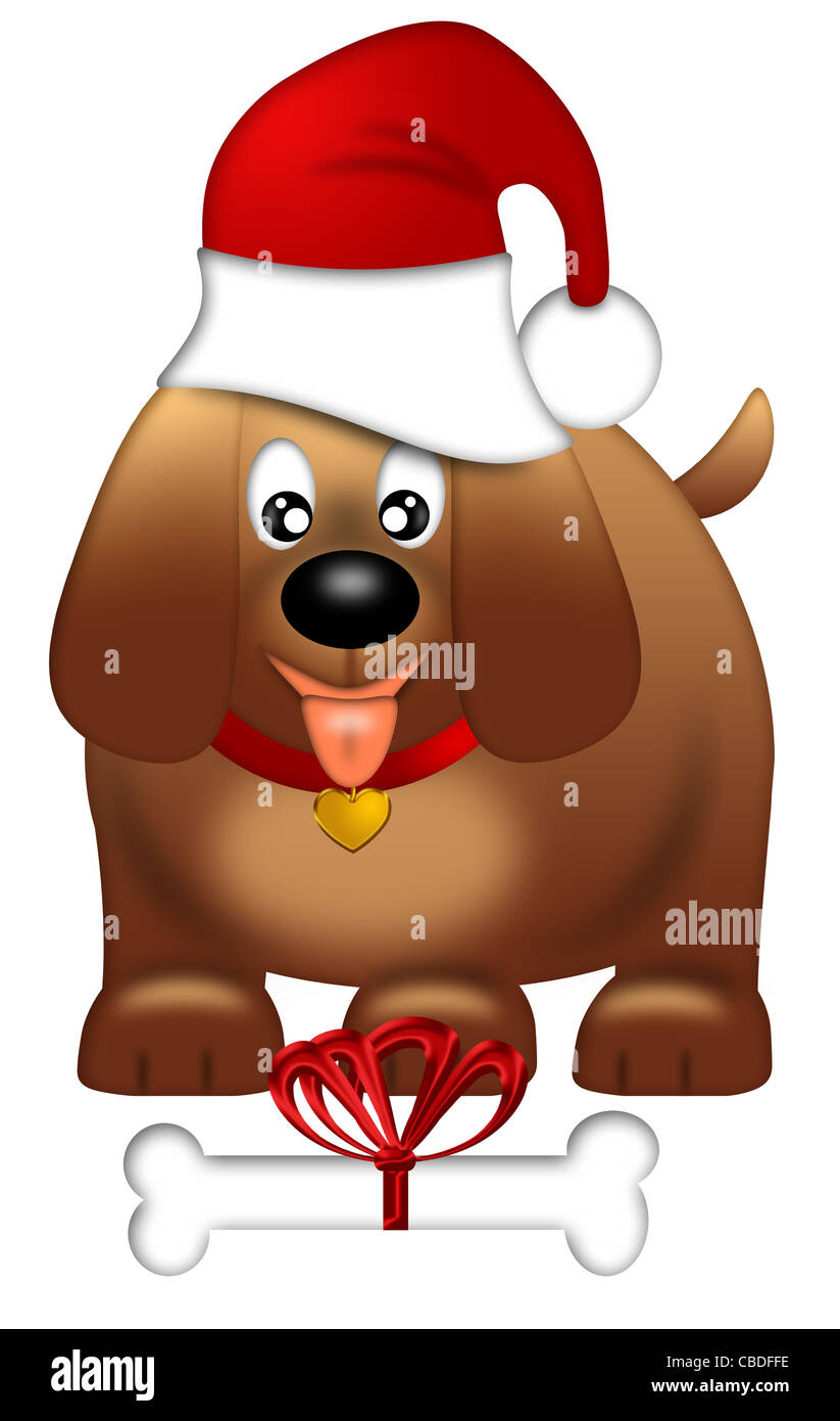 Cute Puppy Dog with Santa Hat and Bone Isolated on White Background Illustration Stock Photo