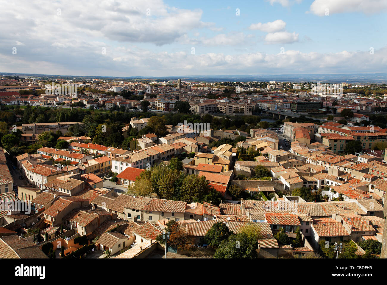Aerial view of the base city of Carcassonne in Aude department of France, seen form the walled city. Stock Photo