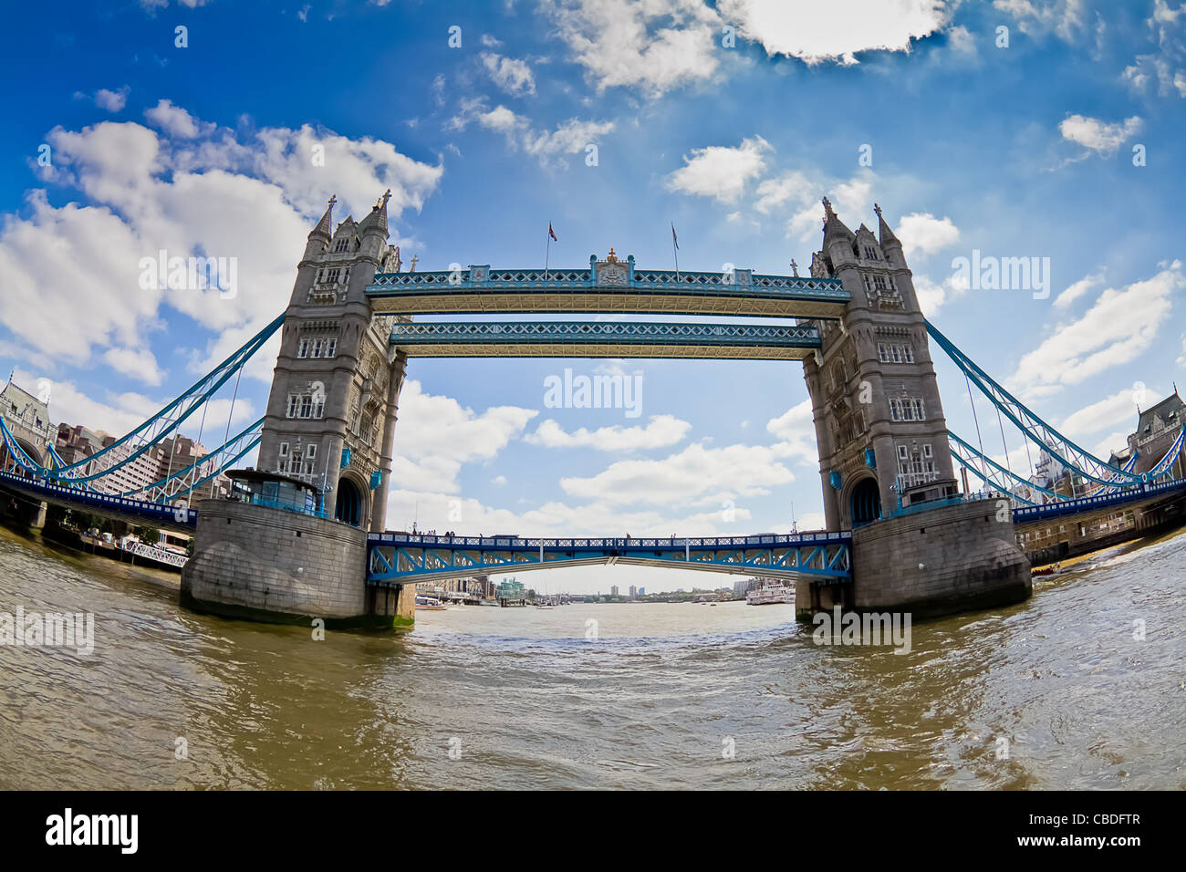 Tower bridge in London from the middle of the river. Stock Photo