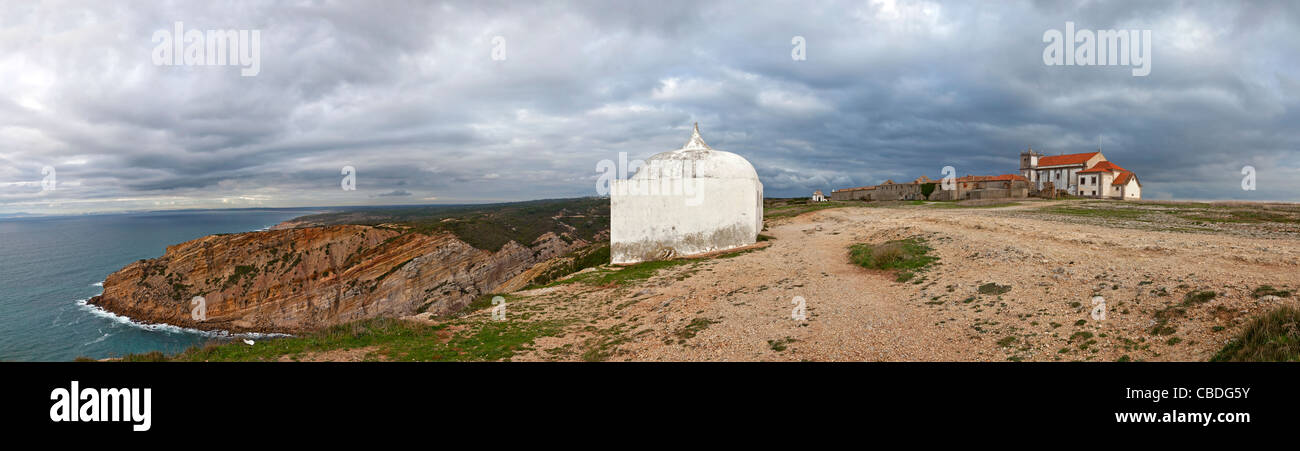 View of the “Ermida da Memoria” (Memory Hermitage) of the Nossa Senhora do Cabo Sanctuary, in Espichel Cape. Sesimbra, Portugal. Stock Photo