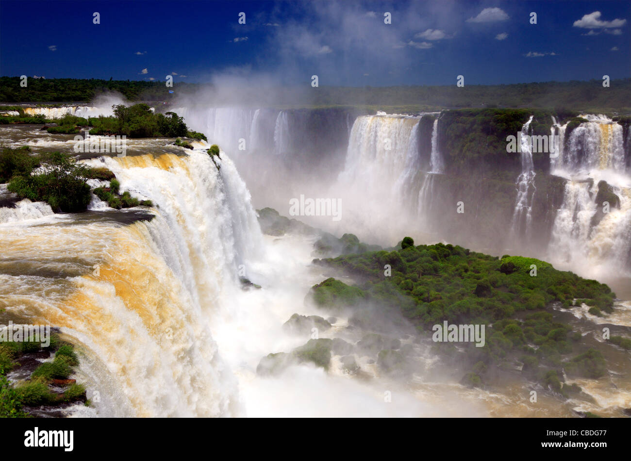 Iguazu falls, along Iguazu river. Placed in the border of Argentina, and Brasil. Stock Photo