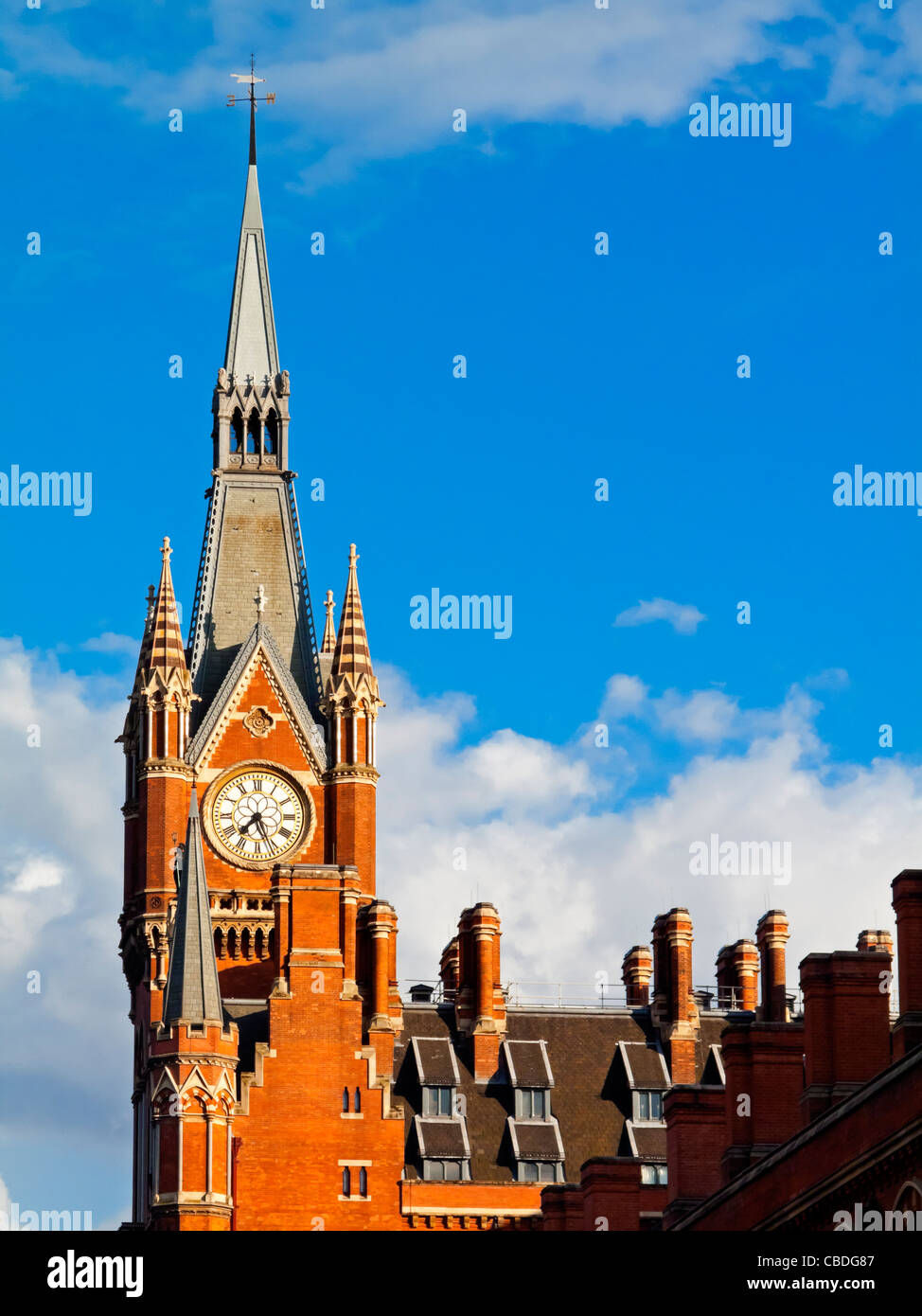The clock tower of St Pancras Station and Marriott hotel in London England UK built in 1866 designed by George Gilbert Scott Stock Photo