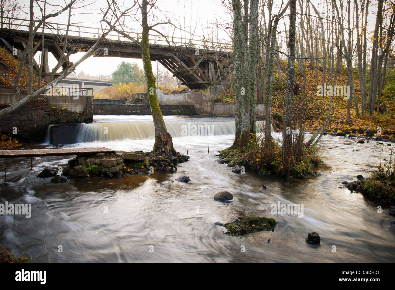 Old wooden bridge and river in a forest Stock Photo - Alamy