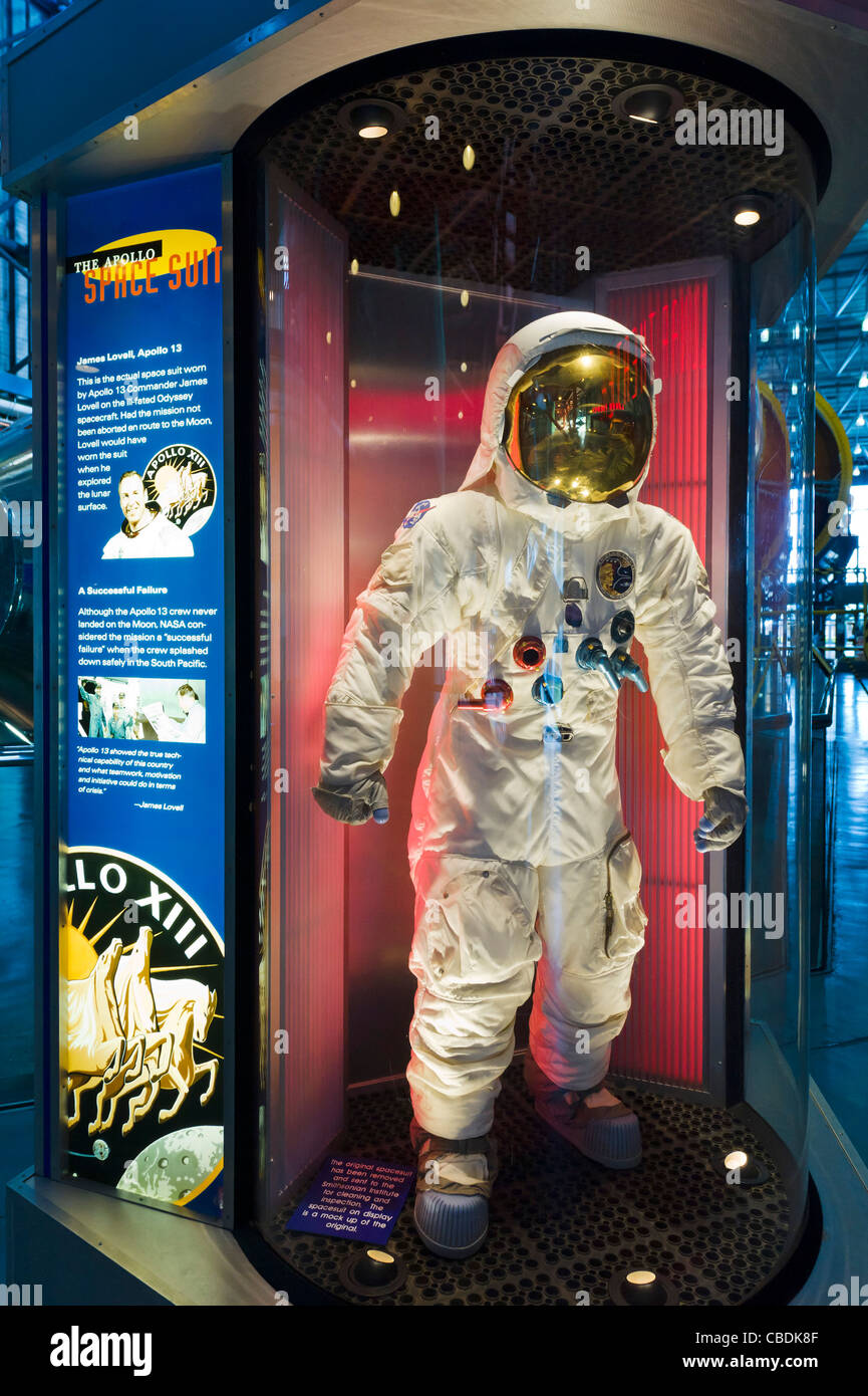 Space suit worn by James Lovell on  Apollo 13 moon mission, Saturn V complex, Kennedy Space Center, Merritt Island, Florida, USA Stock Photo