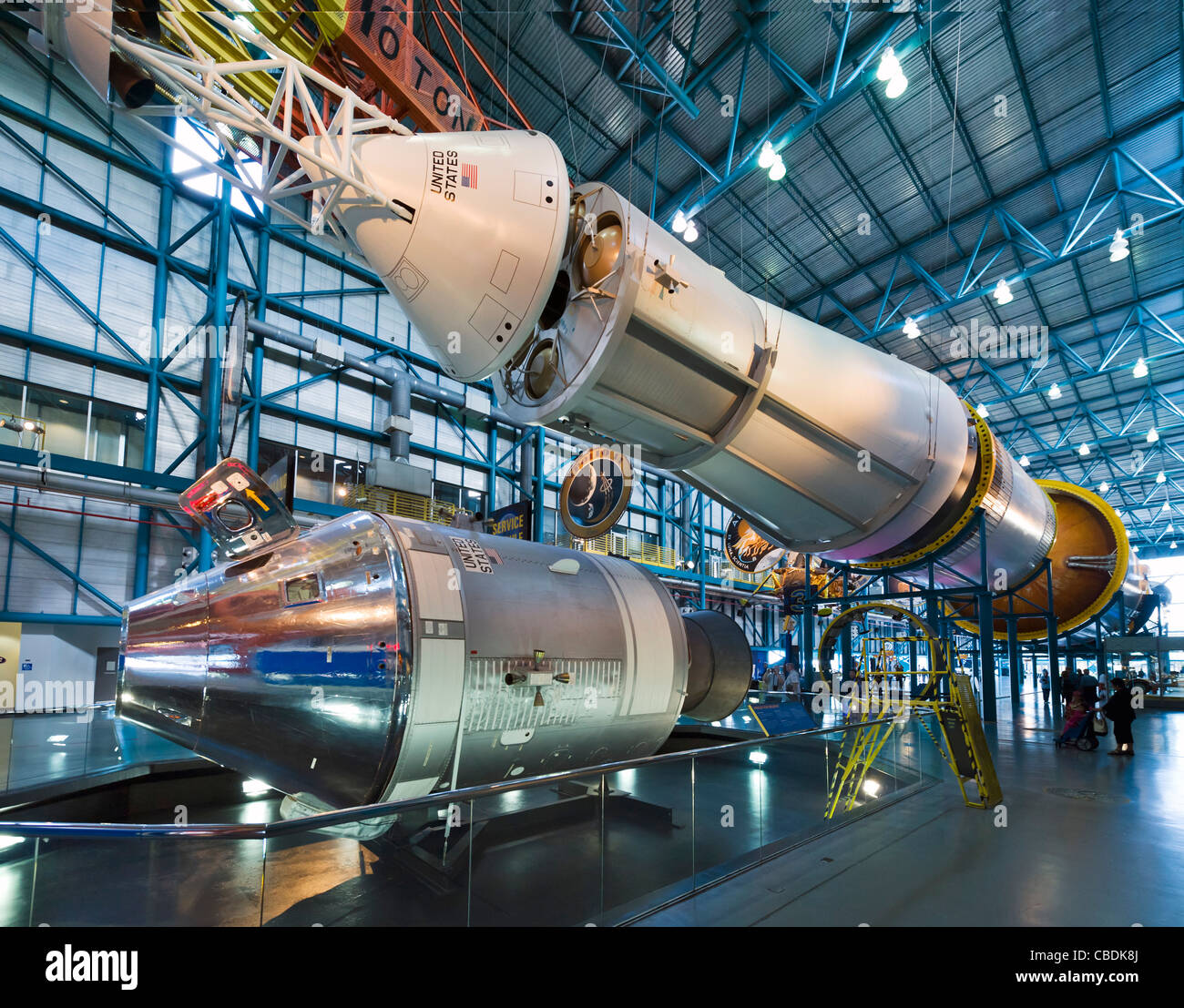 Saturn V rocket from Apollo moon program with the Command Service Module below, Saturn V complex, Kennedy Space Center, Florida Stock Photo
