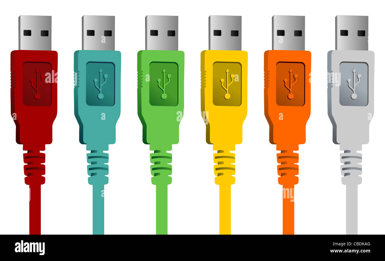 Set of USB cables in various colors isolated over white background. Vector file available. Stock Photo