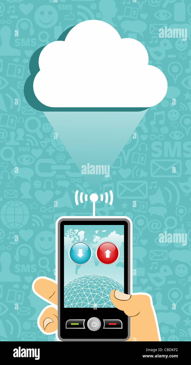Hand holding a cell phone under one cloud on blue background with ...
