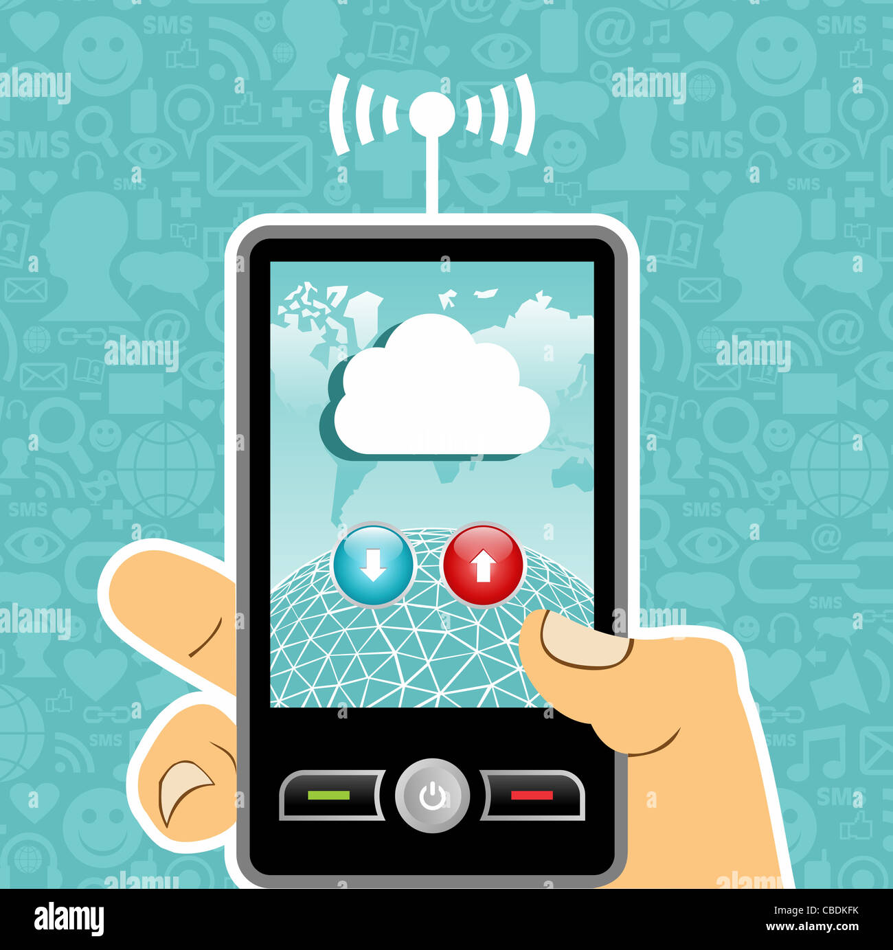 Hand holding a cell phone with cloud of communication on blue ...