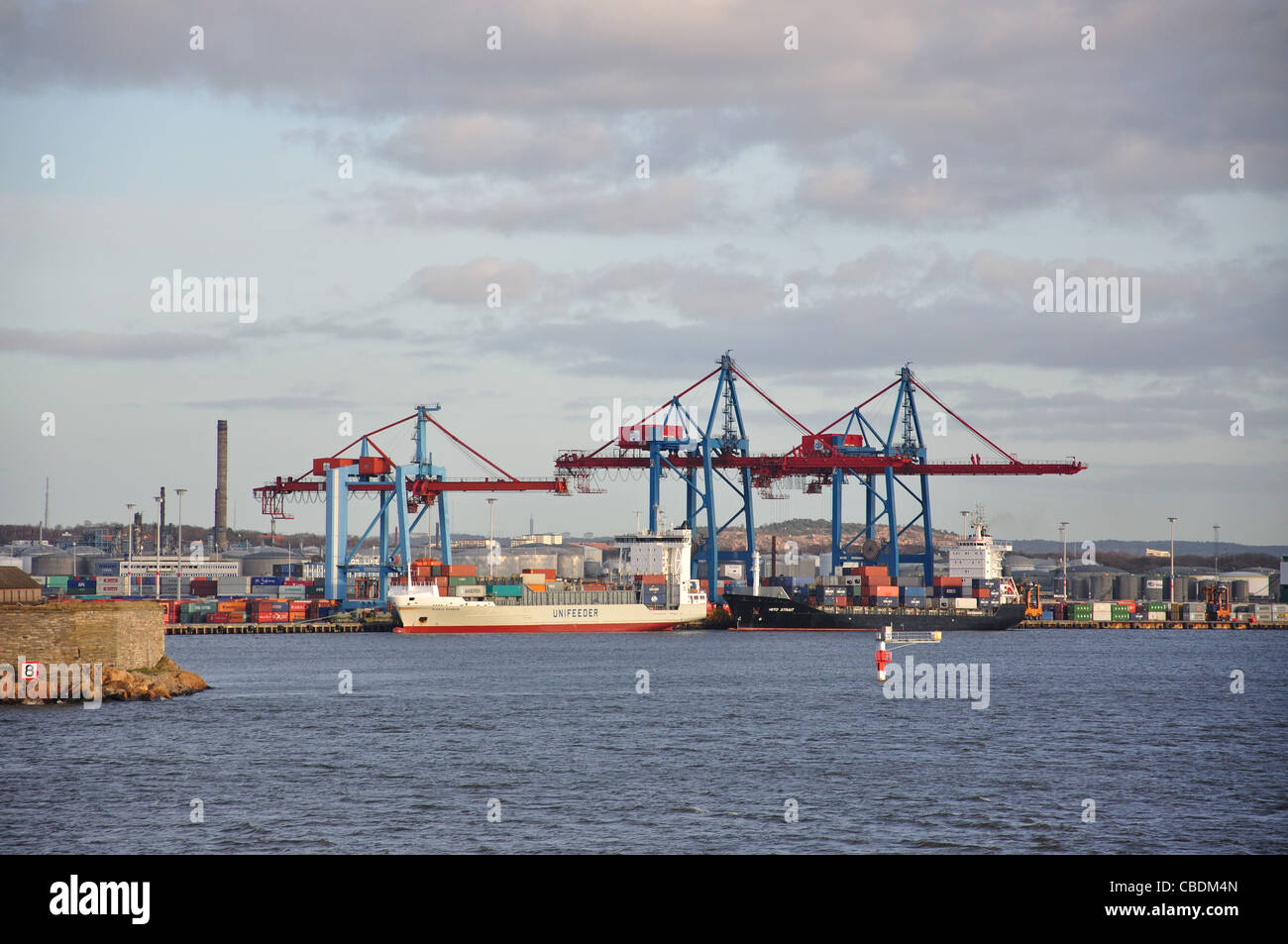 Container ships in container terminal, Port of Göteborg, Gothenburg, Västergötland & Bohuslän Province, Kingdom of Sweden Stock Photo