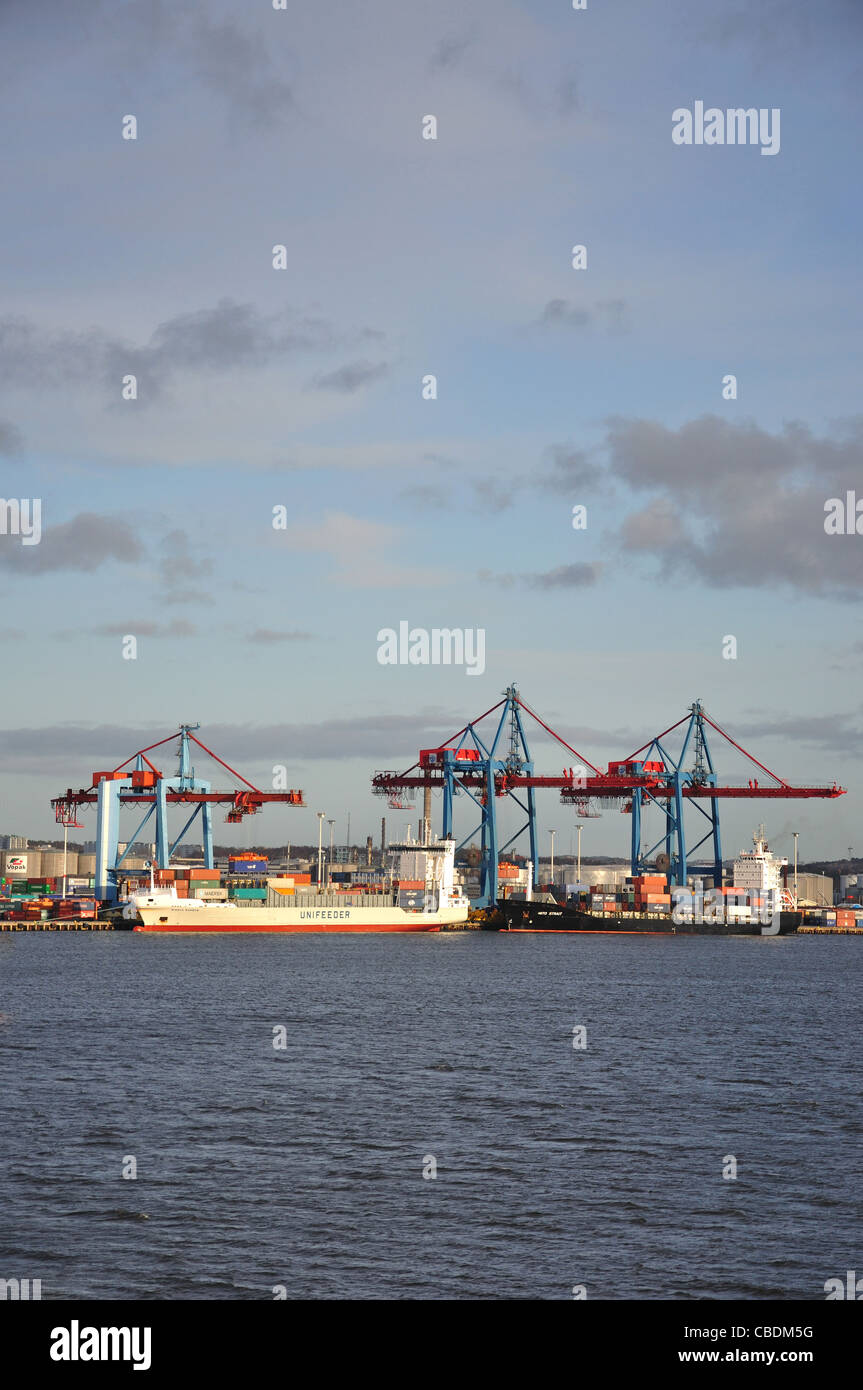 Container ships in container terminal, Port of Göteborg, Gothenburg, Västergötland & Bohuslän Province, Kingdom of Sweden Stock Photo