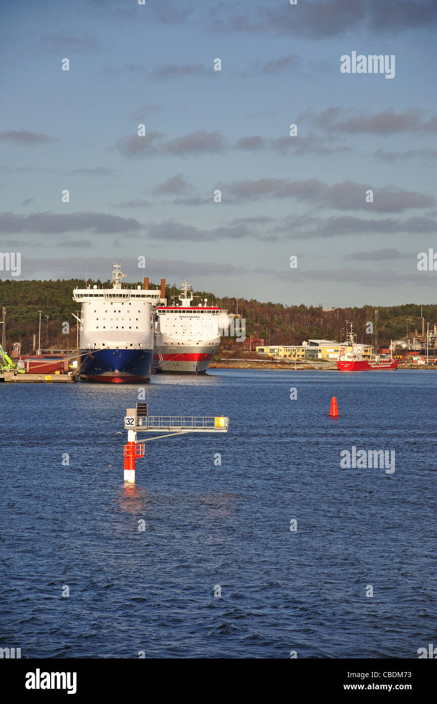 Container ship in container terminal, Port of Göteborg, Gothenburg, Västergötland & Bohuslän Province, Kingdom of Sweden Stock Photo