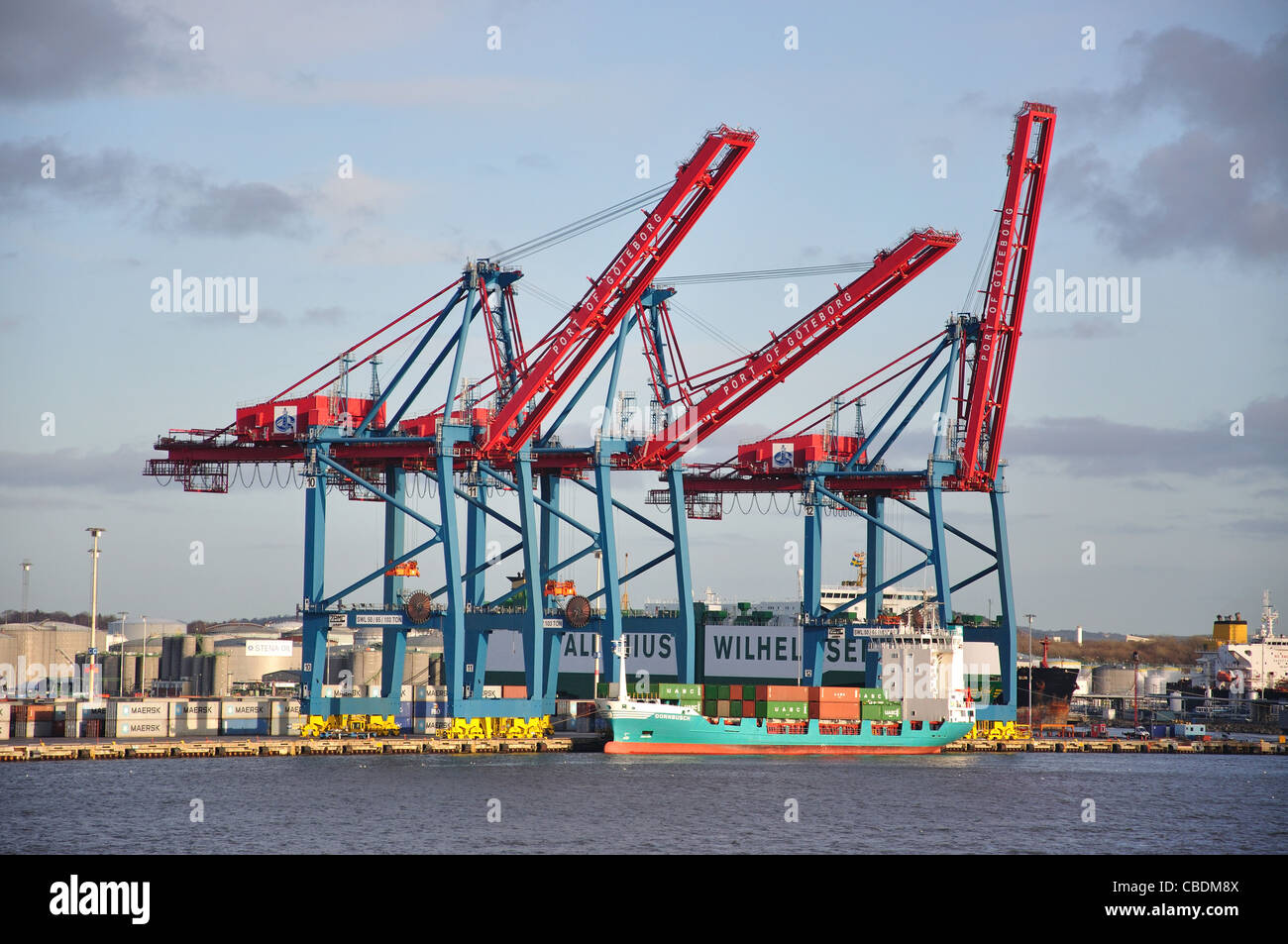 Container ship in container terminal, Port of Göteborg, Gothenburg, Västergötland & Bohuslän Province, Kingdom of Sweden Stock Photo