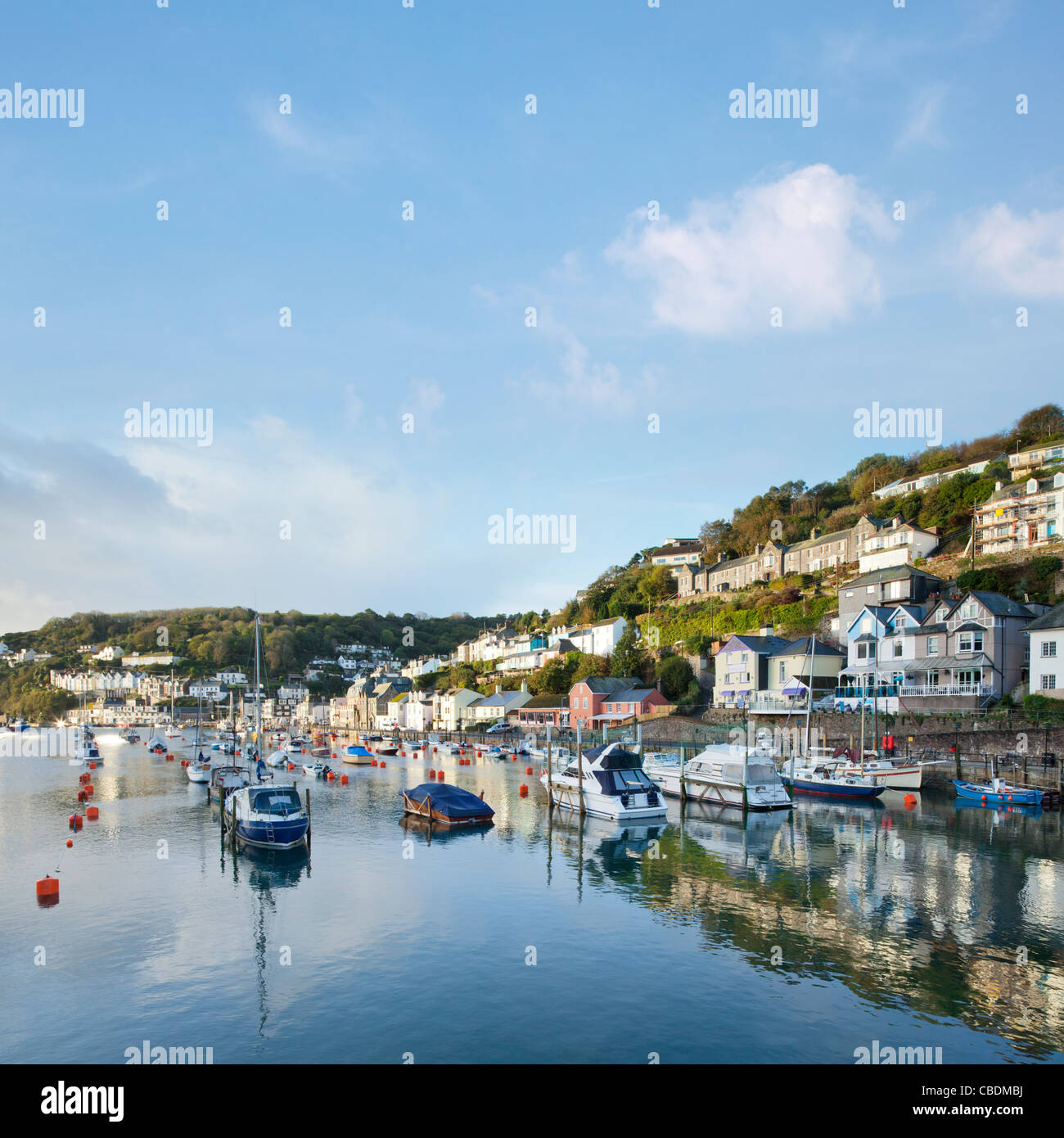The Cornish seaside town of Looe, on the banks of the River Looe, just after sunrise. Stock Photo