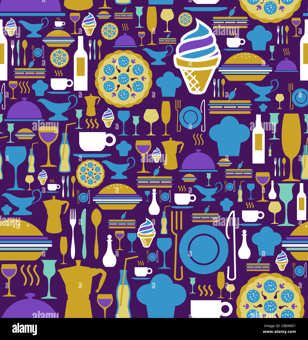 Block colors gourmet icon set seamless pattern background. Vector file available. Stock Photo