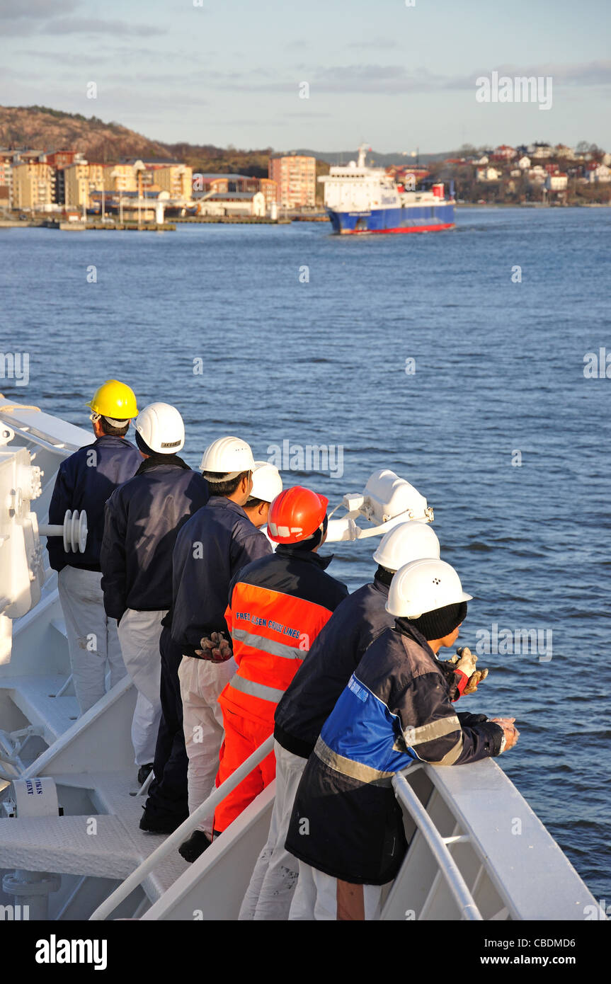 Crew on deck of Fred Olsen M/S Balmoral in Gothenburg Harbour, Gothenburg, Västergötland & Bohuslän Province, Kingdom of Sweden Stock Photo