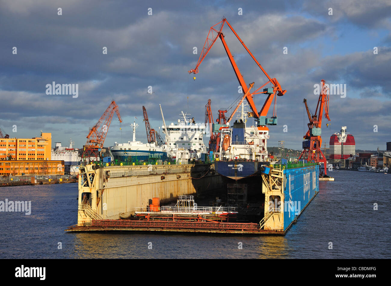 Ship in floating dock, Gothenburg Harbour, Gothenburg, Västergötland & Bohuslän Province, Kingdom of Sweden Stock Photo