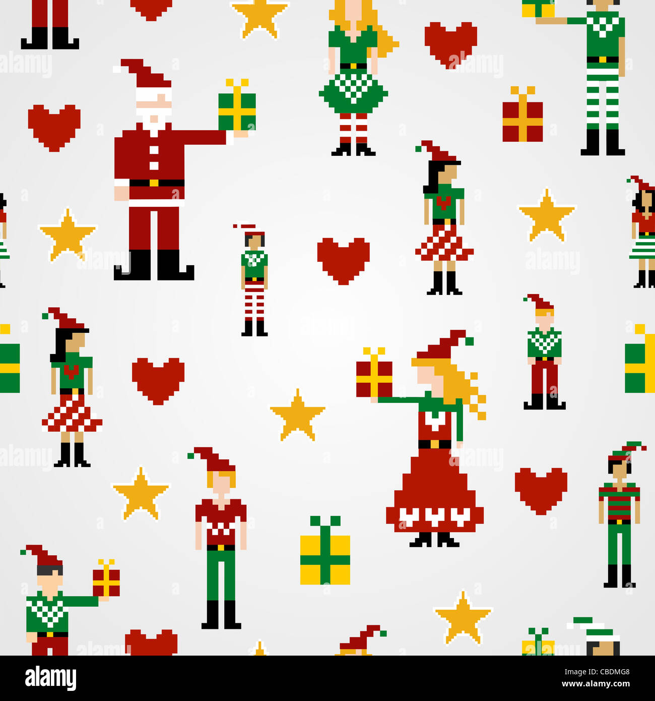 Santa and elves pixel characters christmas design. Seamless pattern background vector illustration. Stock Photo