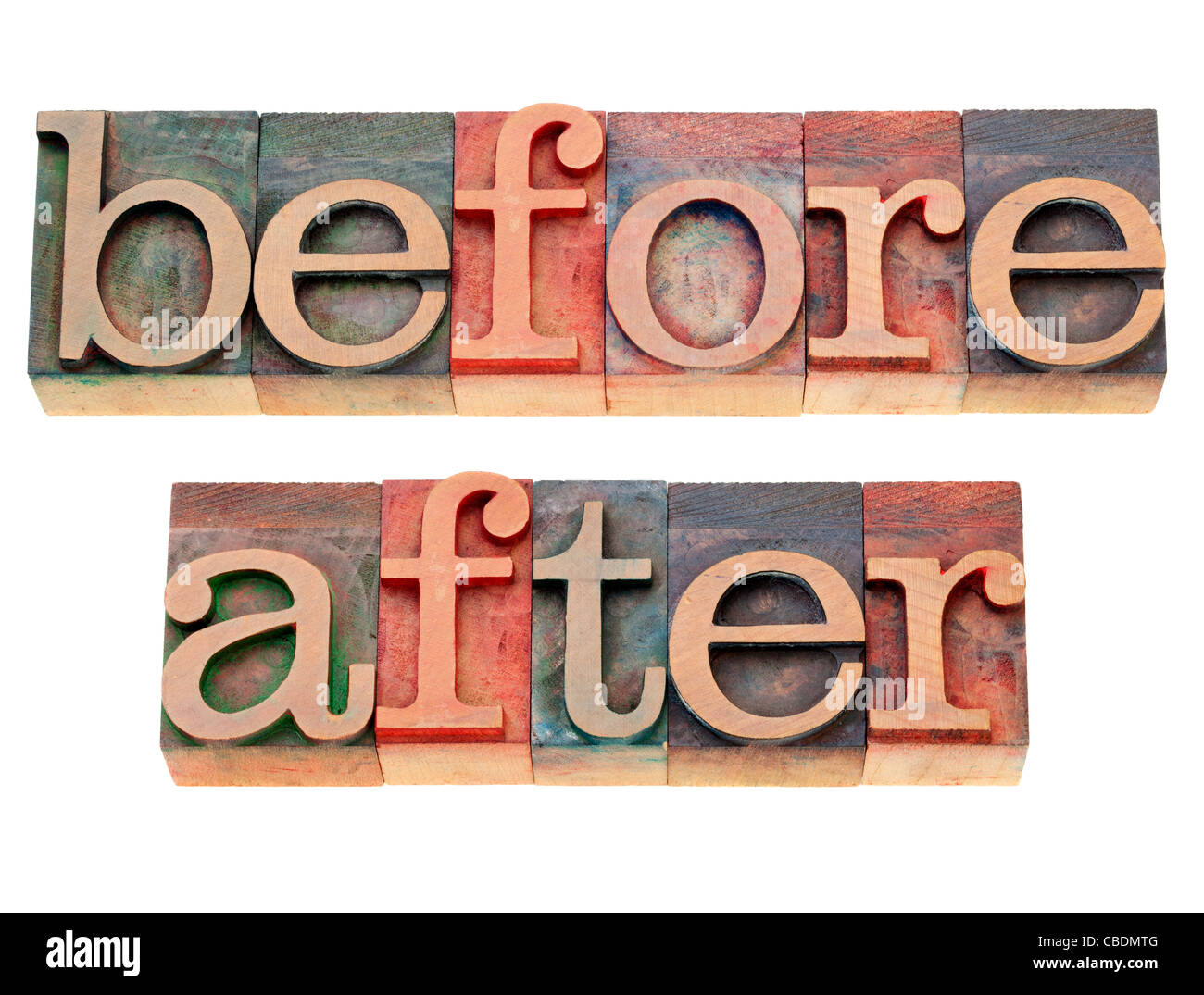 before and after - isolated words in vintage wood letterpress printing blocks Stock Photo