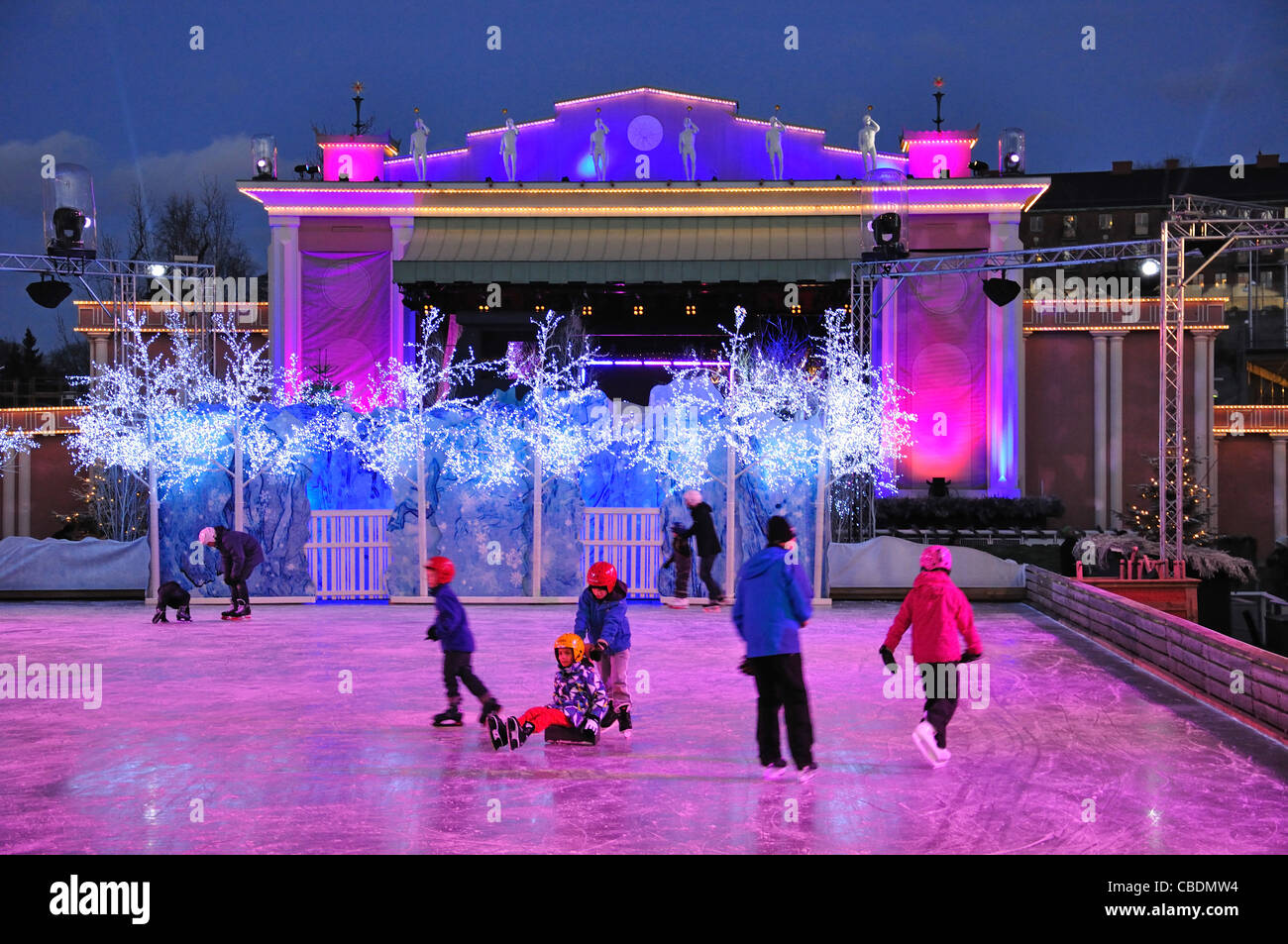 Ice rink at Liseberg Christmas Market, Gothenburg, Västergötland & Bohuslän Province, Kingdom of Sweden Stock Photo