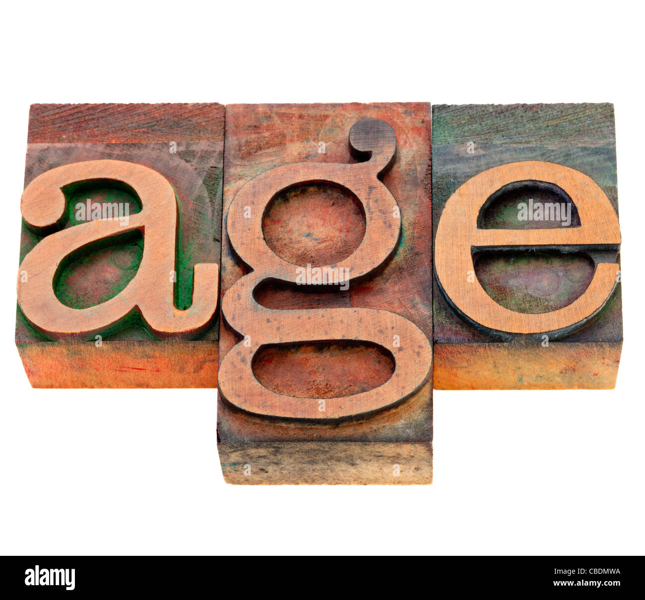 age isolated word in vintage wood letterpress printing blocks stained
