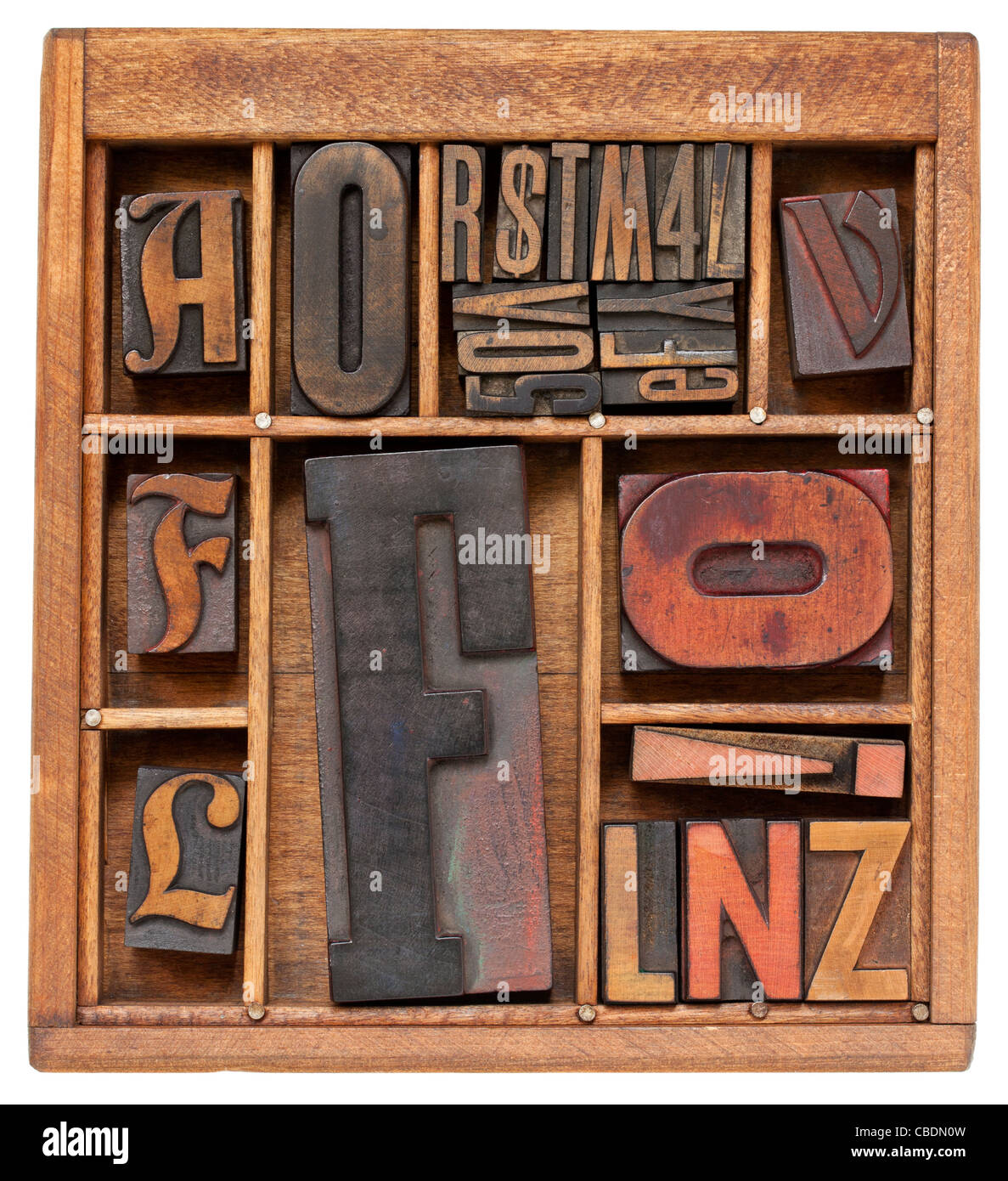 variety of vintage letterpress printing blocks with big letter F in a small wooden typesetter box with dividers Stock Photo