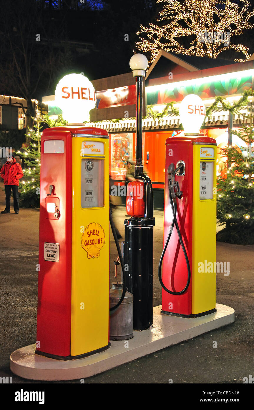 1950's Shell Oil pumps at Liseberg Christmas Market, Gothenburg, Västergötland & Bohuslän Province, Kingdom of Sweden Stock Photo