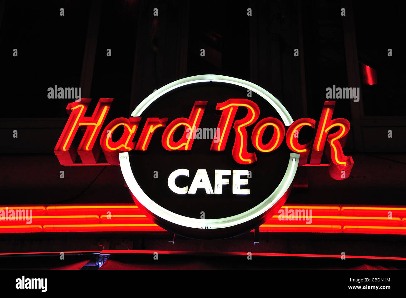 Hard Rock Cafe neon sign, Kungsportsavenyn, Gothenburg, Västergötland & Bohuslän Province, Kingdom of Sweden Stock Photo