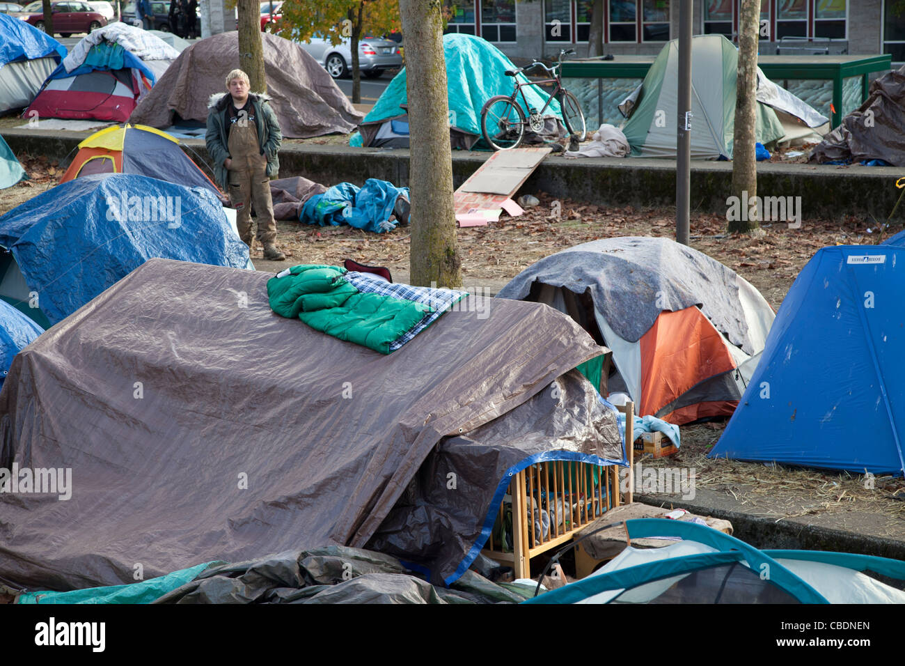 Encampment of tents at Seattle Central Community College, Seattle