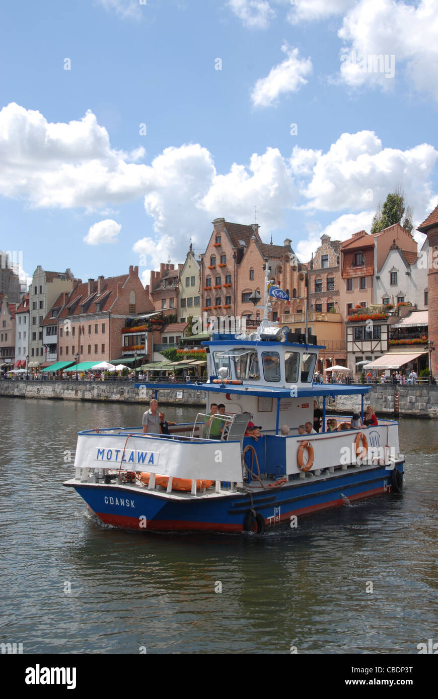 Motlawa ferry shuttling between Oliwianka and Stare Miasto, the old town of Gdansk, Poland Stock Photo