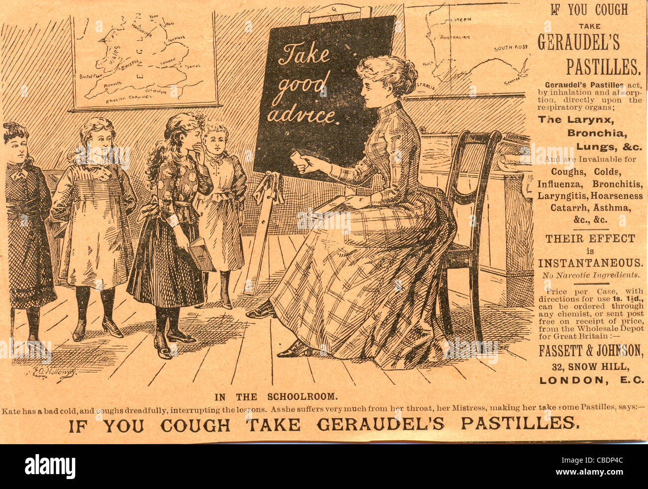 Advertisement for Geraudel's Pastilles showing teacher and pupils in schoolroom circa 1885 Stock Photo