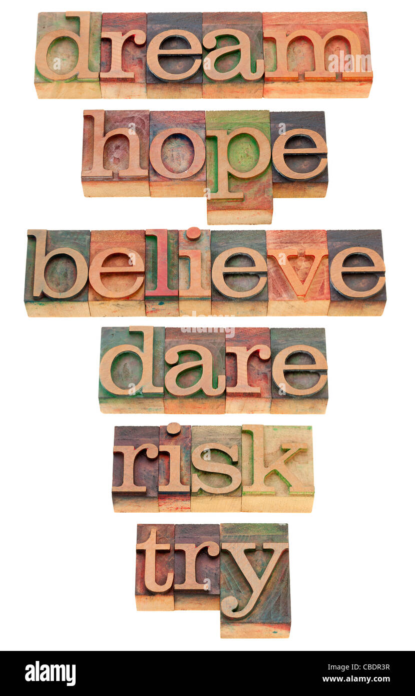 dream, hope, believe, dare, risk, try - a set of motivational and spiritual isolated words Stock Photo