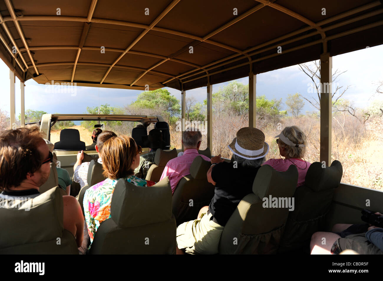 Tourists in a Safari truck .Waterberg Plateau Park, Namibia Stock Photo
