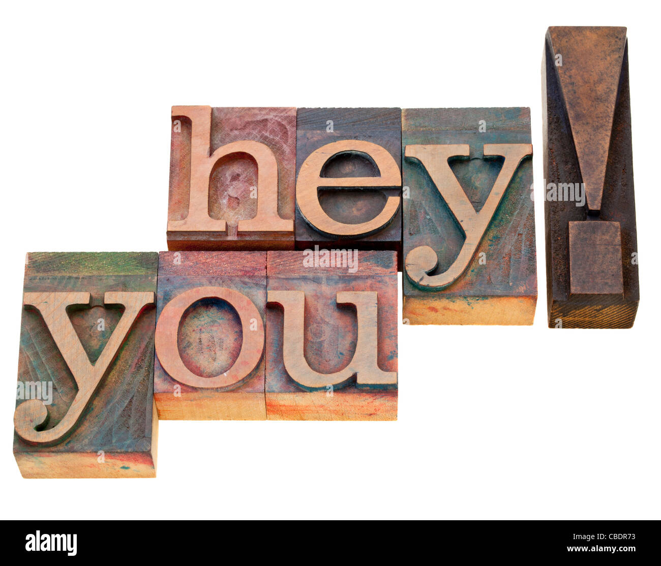 hey you - isolated exclamation words in vintage wood letterpress printing blocks Stock Photo