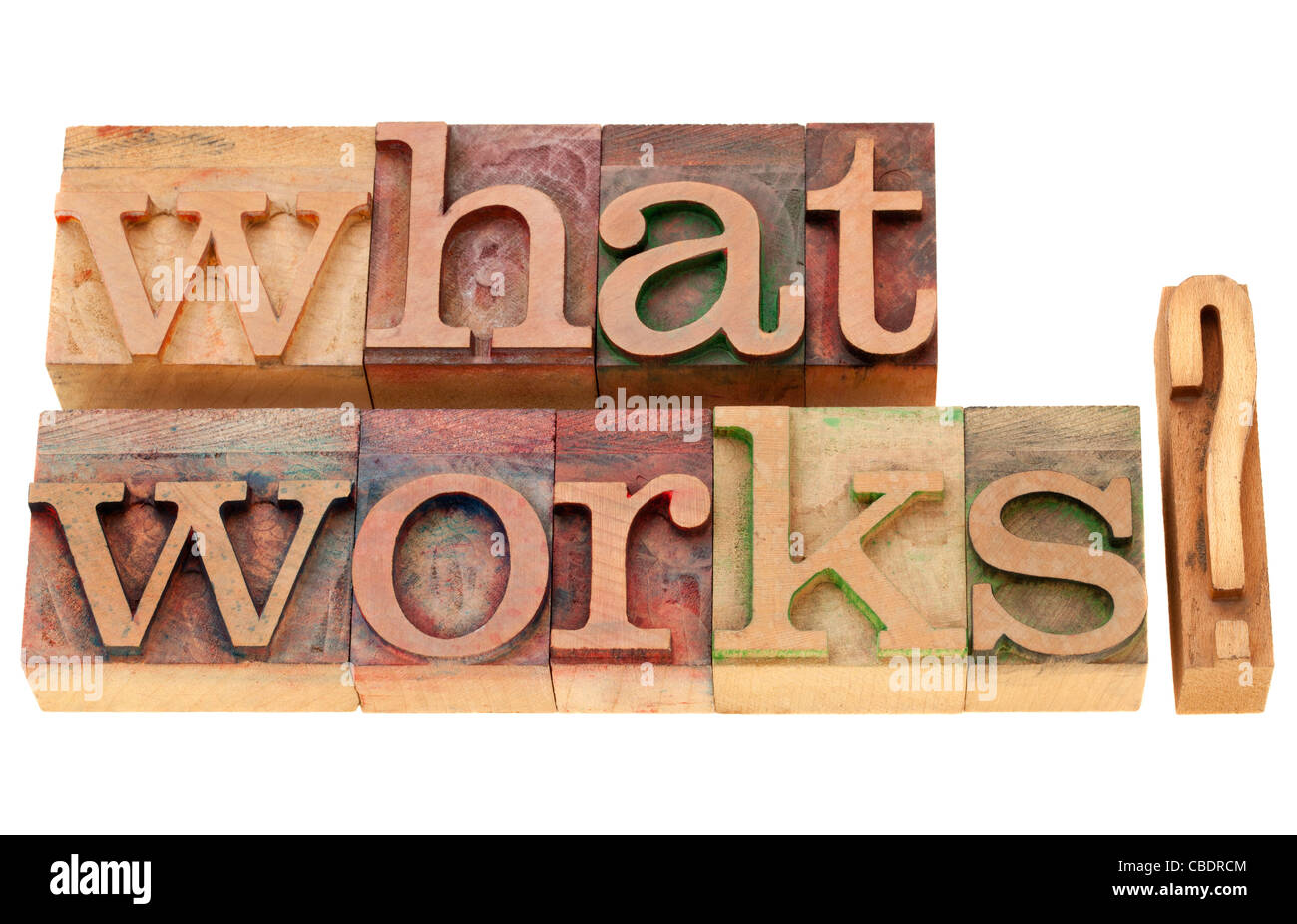 what works - isolated question in vintage wood letterpress printing blocks Stock Photo