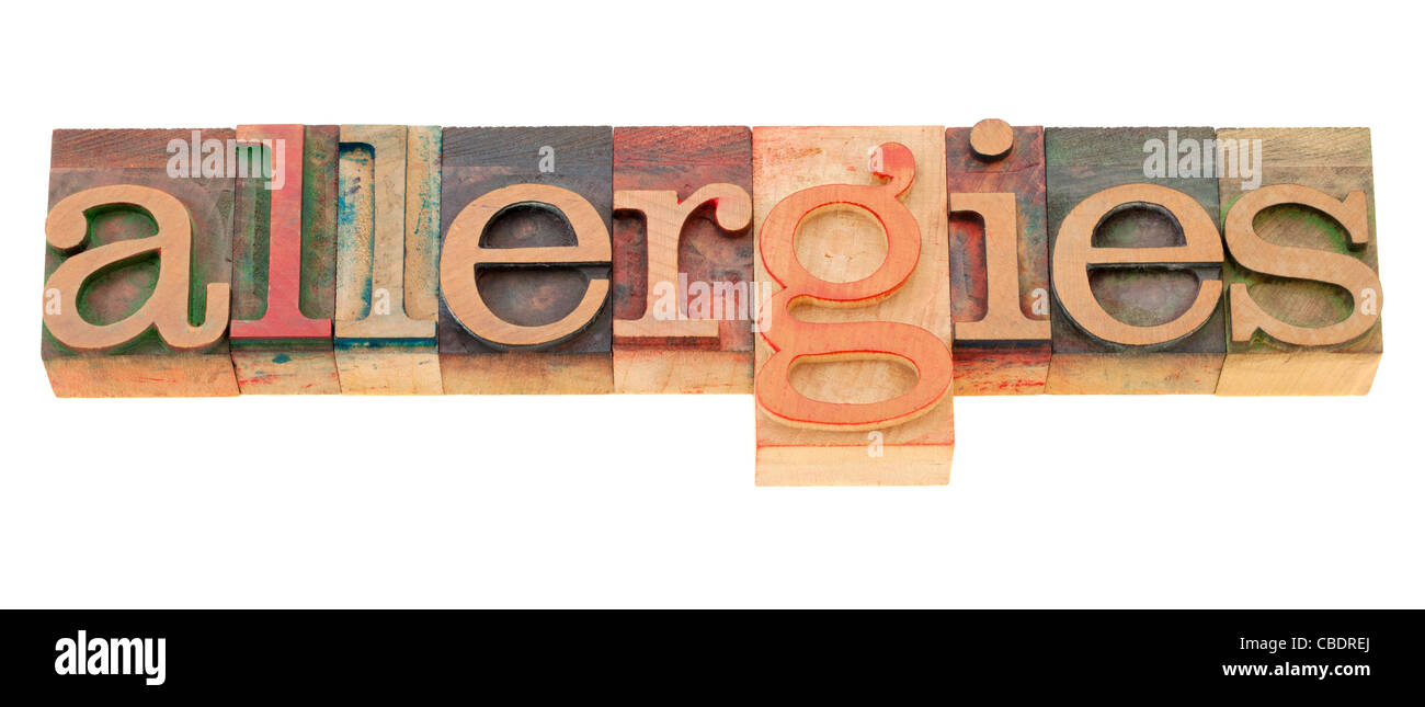 allergies - isolated word in vintage wood letterpress printing blocks Stock Photo