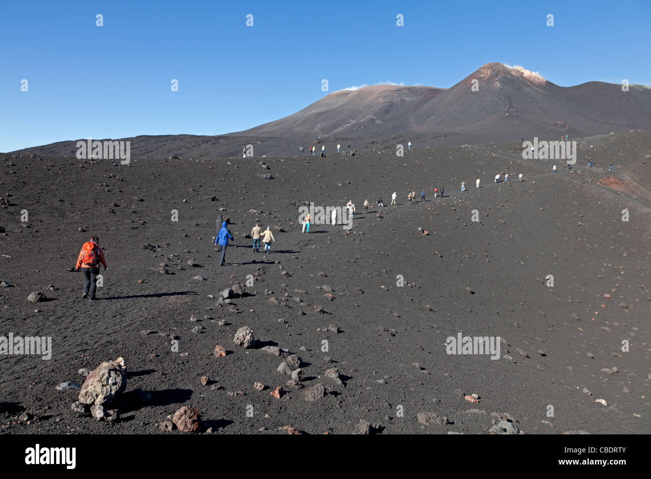 Tourists with Etna, Sicily, Italy Stock Photo