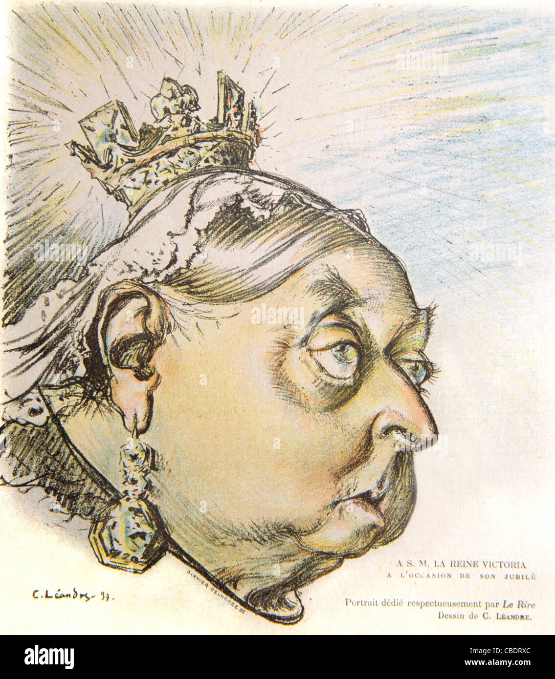 Satirical Cartoon & Portrait of Queen Victoria on Sixtieth Jubilee of her Reign. Cover of French Satirical Magazine, 'Le Rire', June 1897 Stock Photo