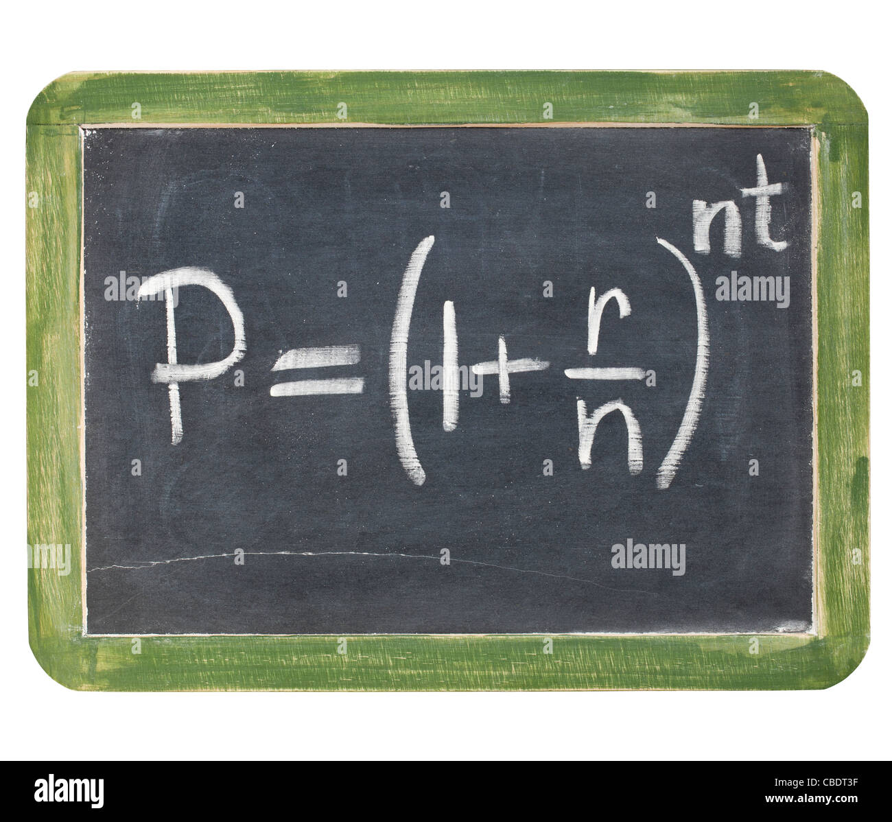 compound interest equation - white chalk handwriting on a small slate blackboard, isolated with clipping path Stock Photo