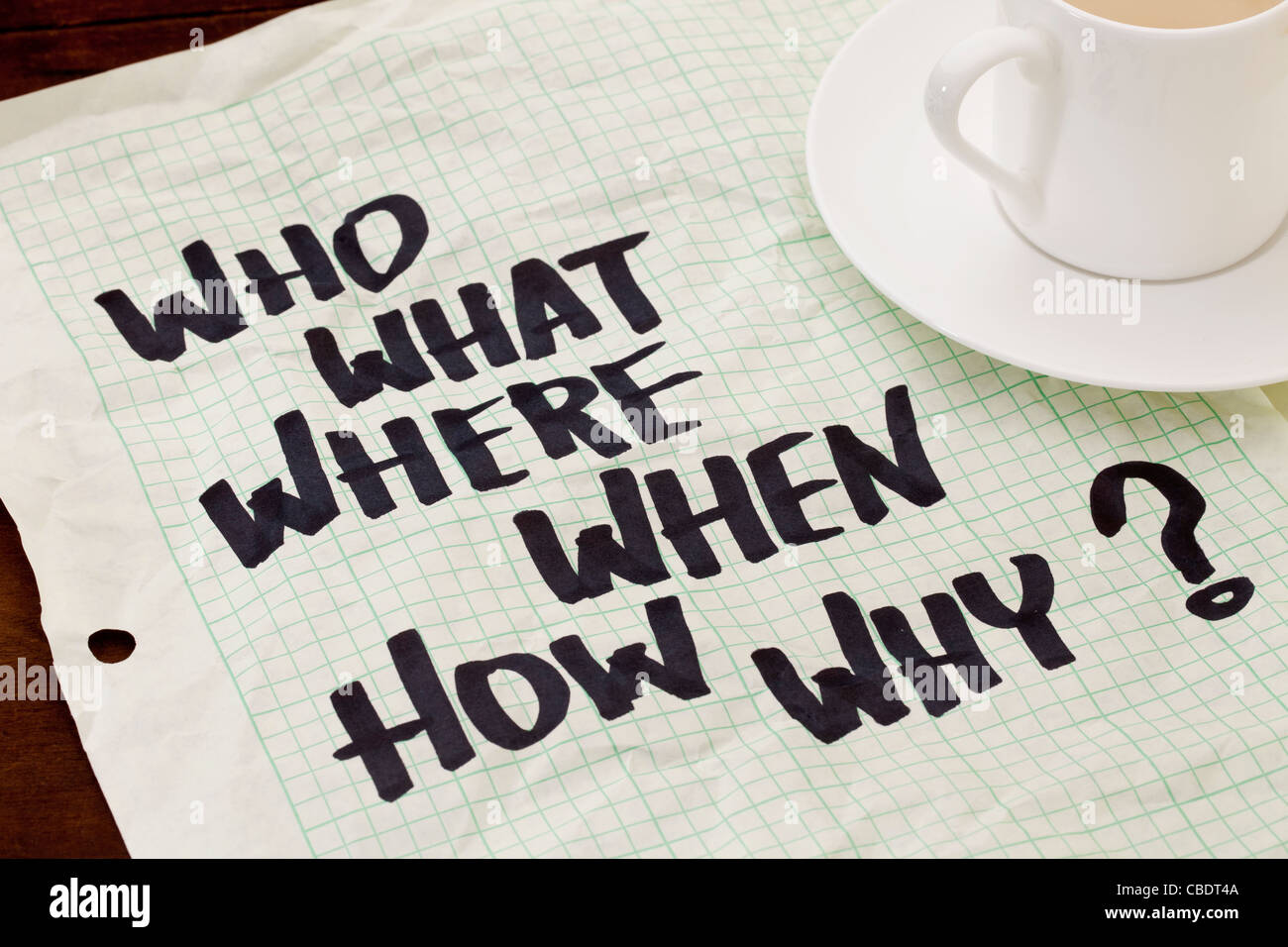 what, when, where, why, how, who questions - black marker handwriting ...